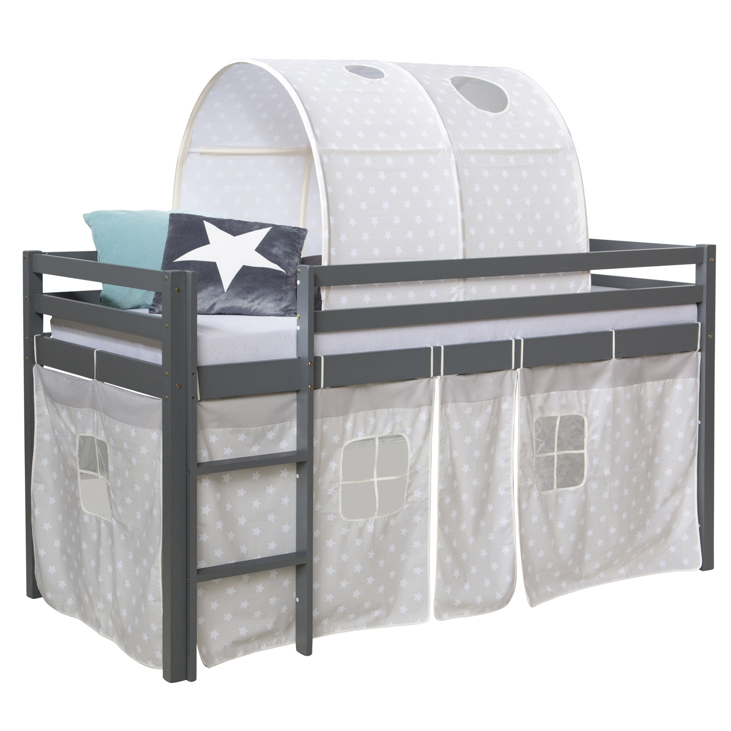 Loftbed 90x200 cm with Mattress Grey Bunk bed Childrens bed Solid Pine Wood Curtain Tunnel Stars Slats