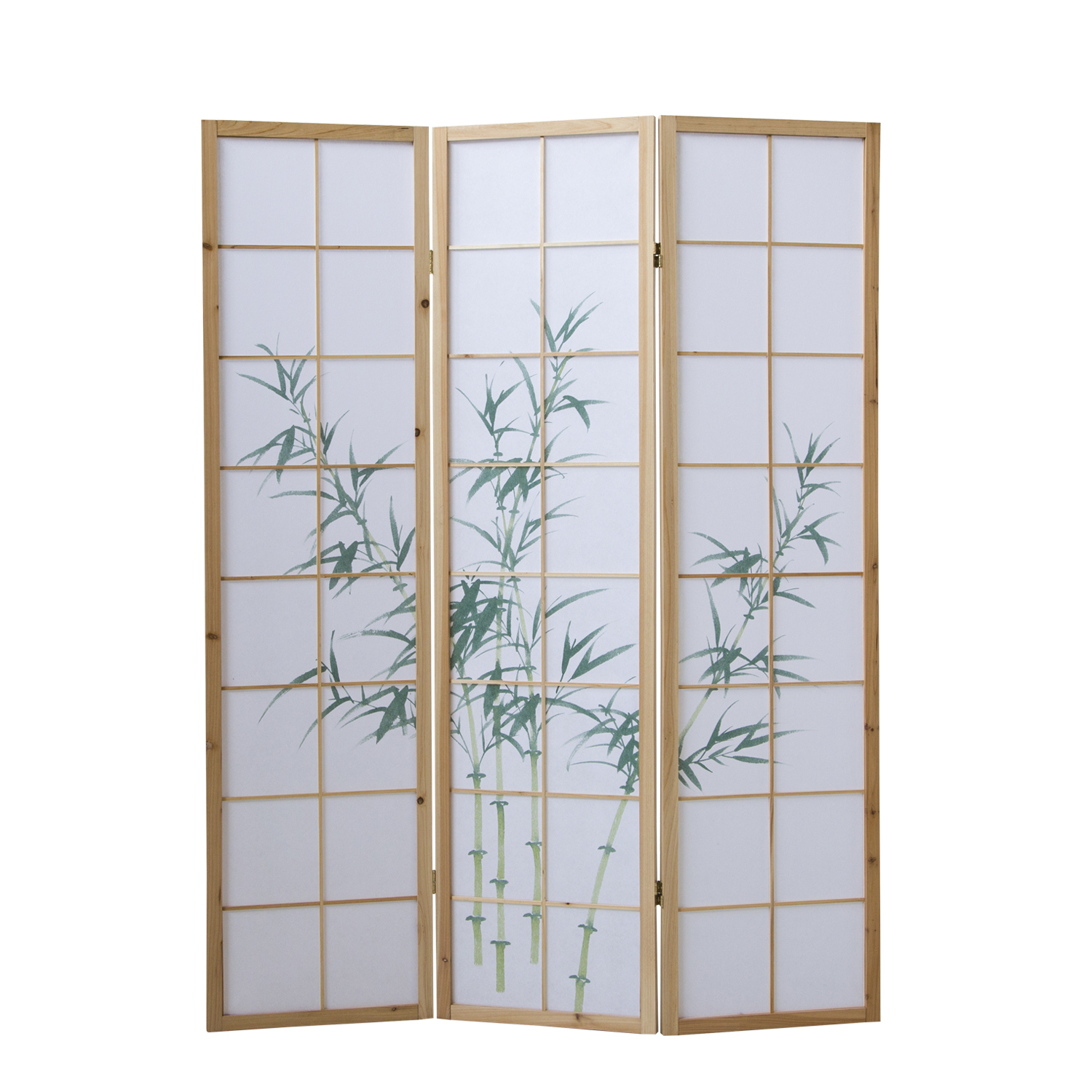 Paravent room divider 3, 4 or 5 parts, wood natural, rice paper white, bamboo pattern, height 175 cm