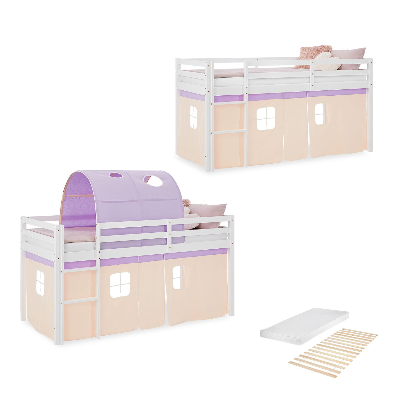Hochbett Kinder 90x200 cm Kinderbett Kinderhochbett Stockbett Tunnel Vorhang Turm Lila Beige Rutsche Holz Massiv Lattenrost Matratze