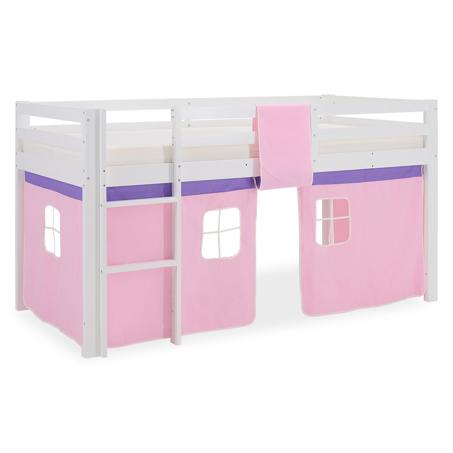 Children's Loft Bed, 90x200 cm, White with Pink Curtain | Without Slatted Base