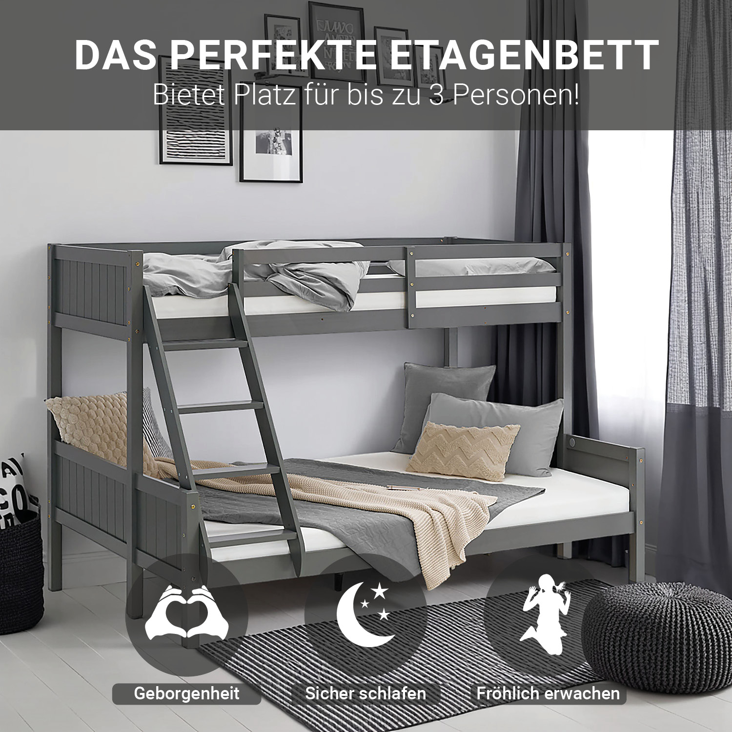 Bunk Bed with 2 Mattresses 90x200 and 140x200 cm Kids Bed Grey Wood Cabin Bed High Sleeper Bed Loft Bed Childrens Bed Twin Bed