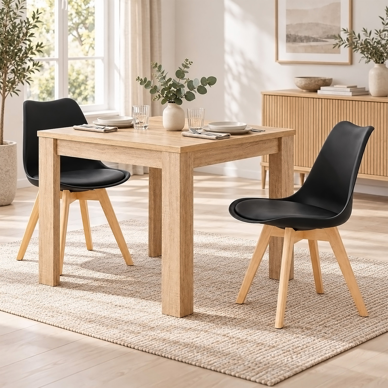 Dining Set (3-Piece): 80x80 cm oak dining table with 2 black plastic chairs and wooden legs