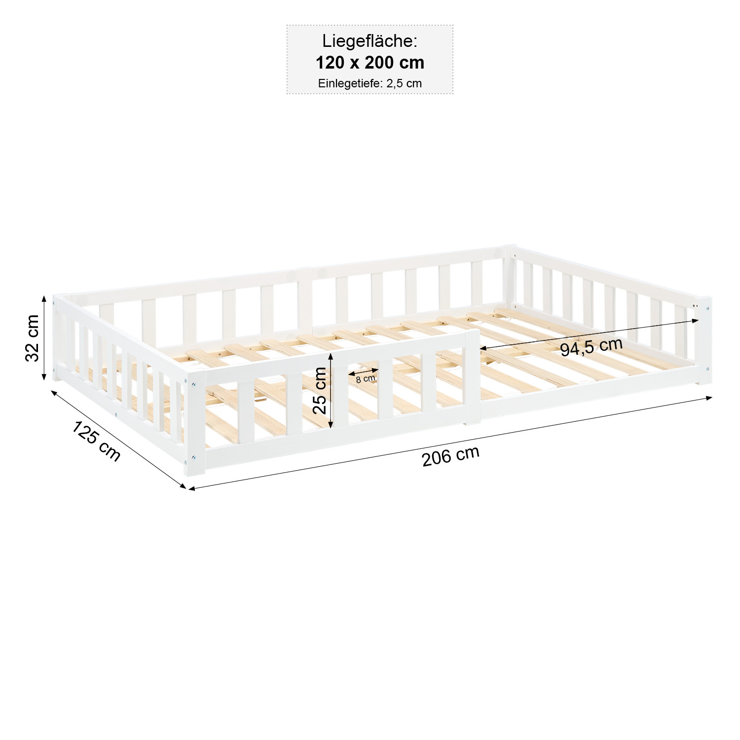 Montessori Crib 120x200 cm White with Safety Rail & Slatted Base – Solid Wood Crib