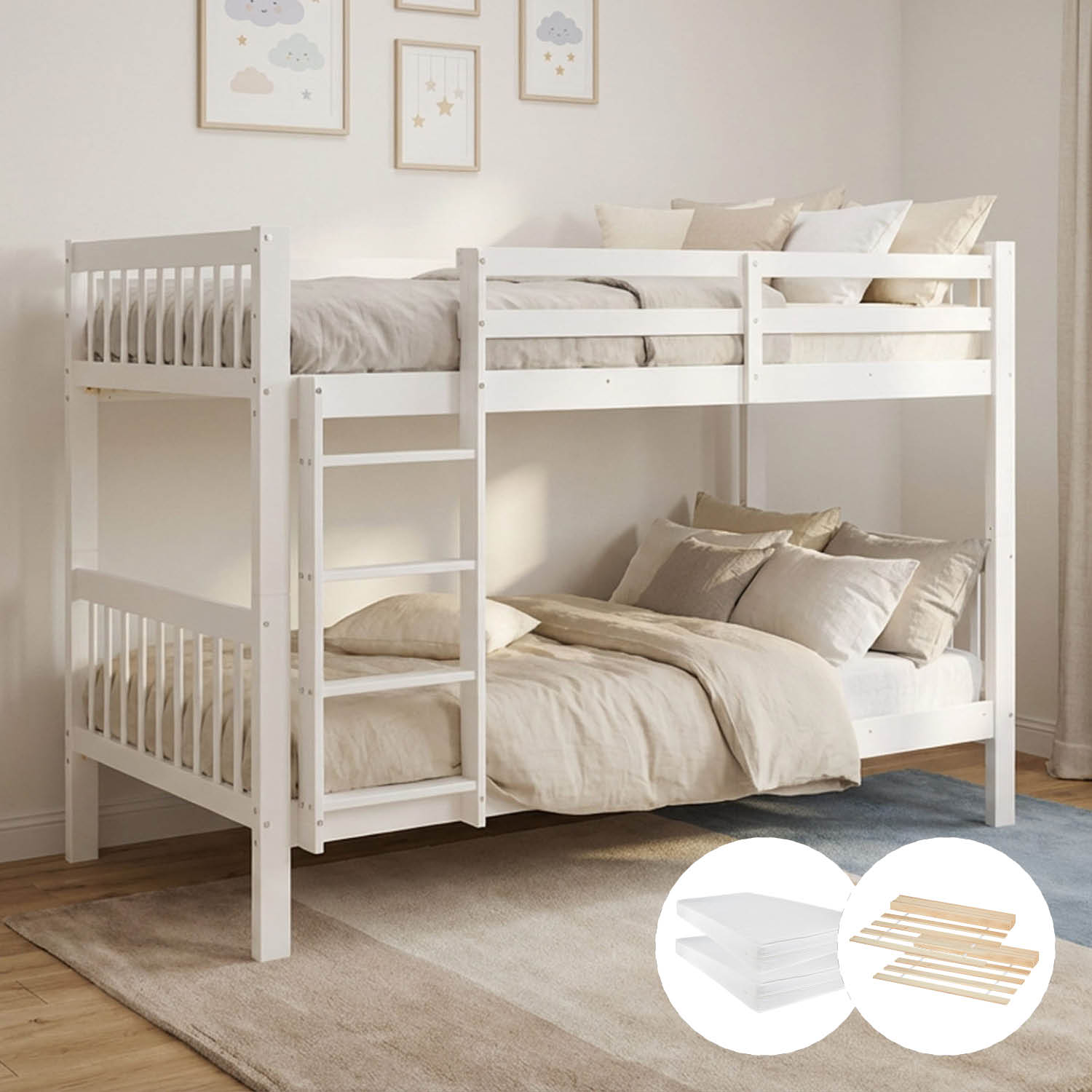 Bunk Bed 90x200 cm White | Kids Bed with Mattress | Fall Protection | Convertible | Massif pine wood