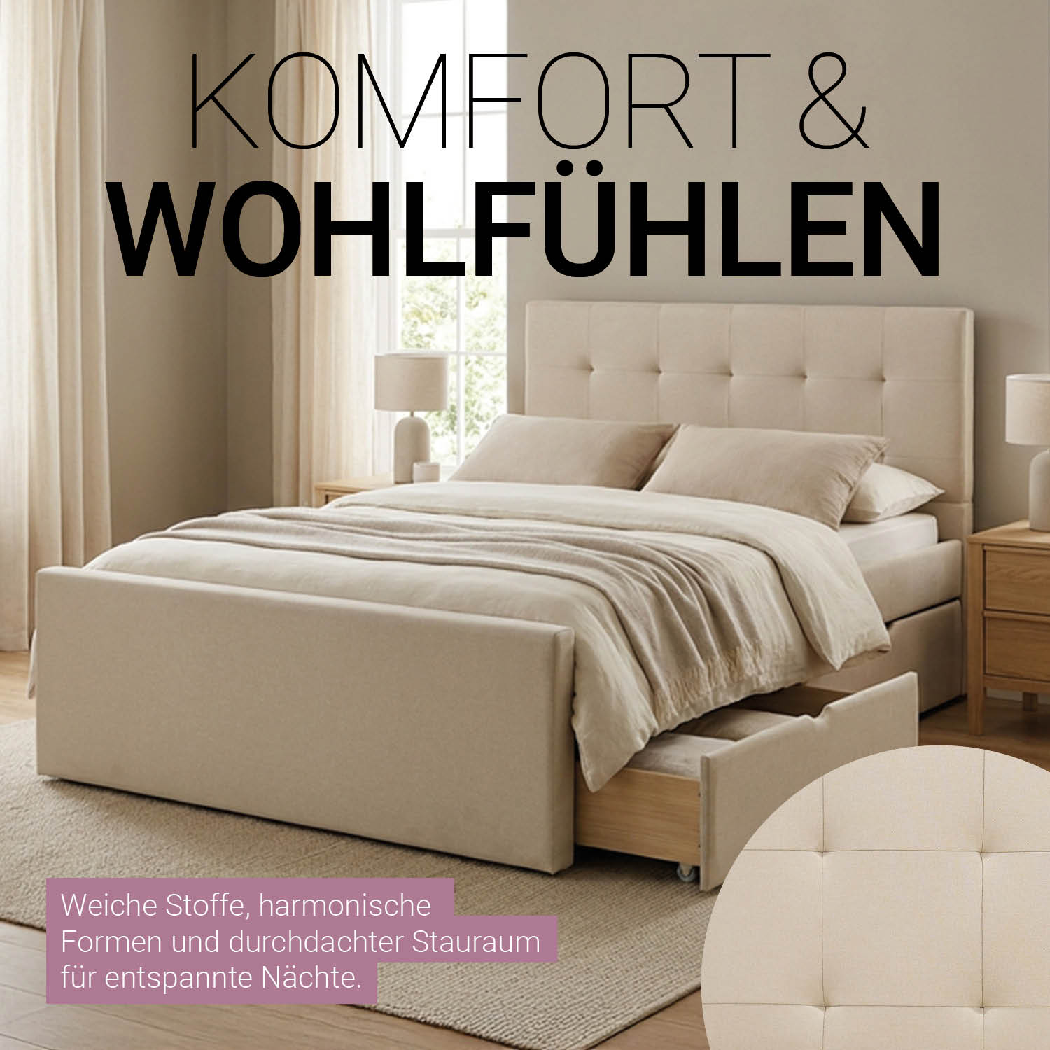 Upholstered bed 140x200 cm beige | with slatted frame | with 2 bed drawers | double fabric bed frame