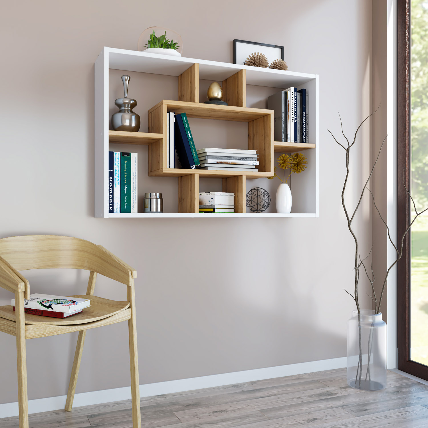 Shelf 4 Versions Floor or Wall Shelf 7 Compartments Bookcase Oak White Wood Solid Modern