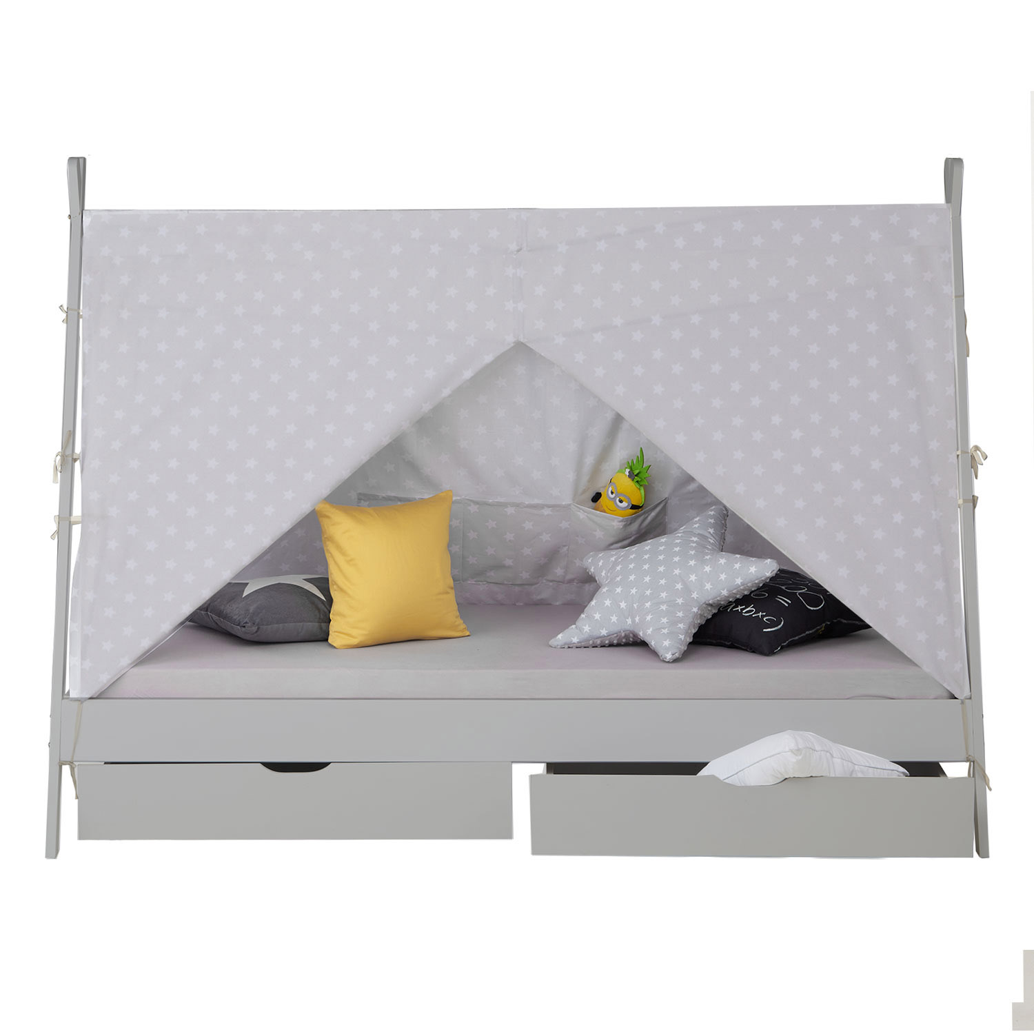 Kinderbett mit Matratze TIPI 90x200 Jugendbett weiß grau Holzbett Kinderzimmer Stoff Bettkasten