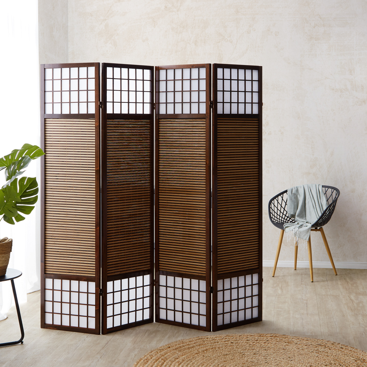 Paravent Brown Bamboo Shoji Rice Paper White | 4-panel | Wood | Room Divider Partition Privacy Screen