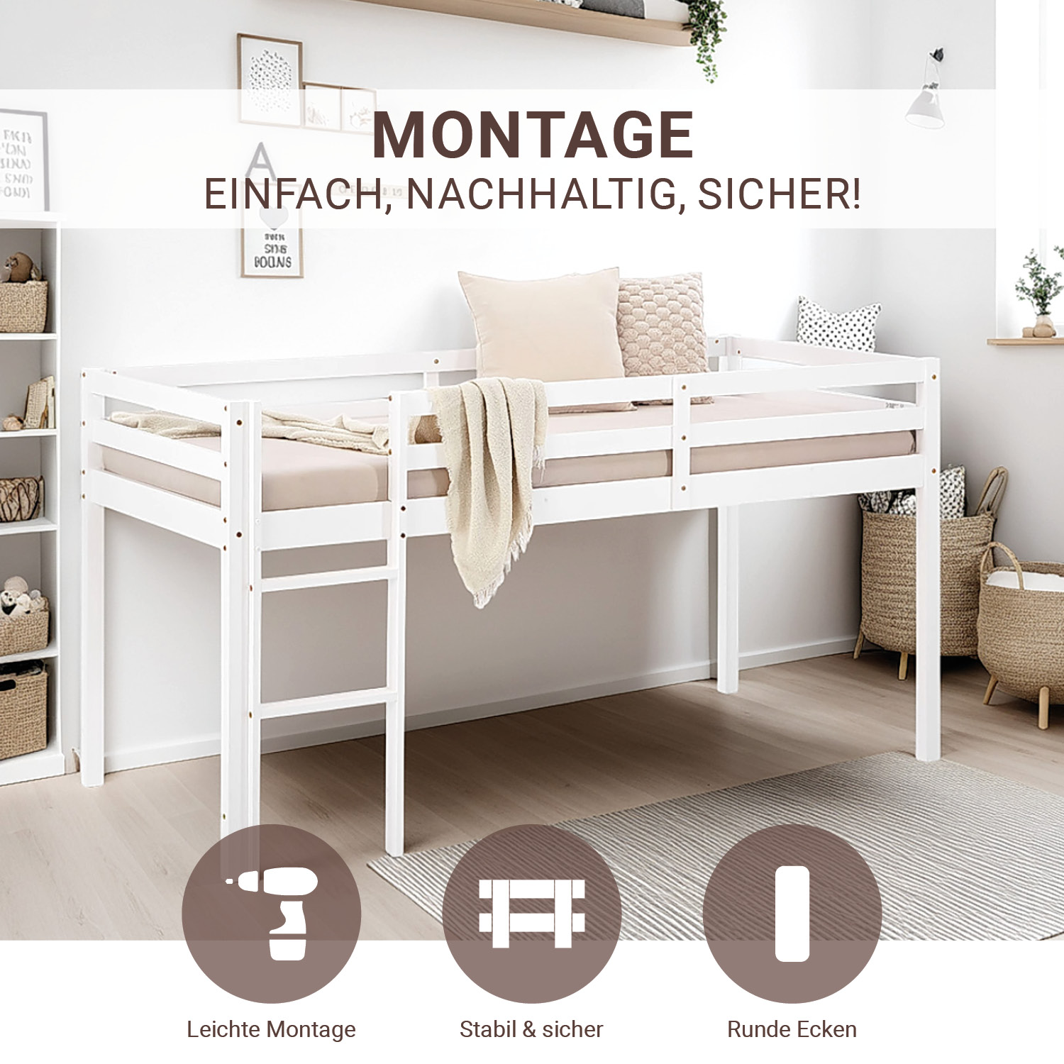 Loft bed with mattress and slatted frame, 90x200 cm, children's bed, white, solid wood