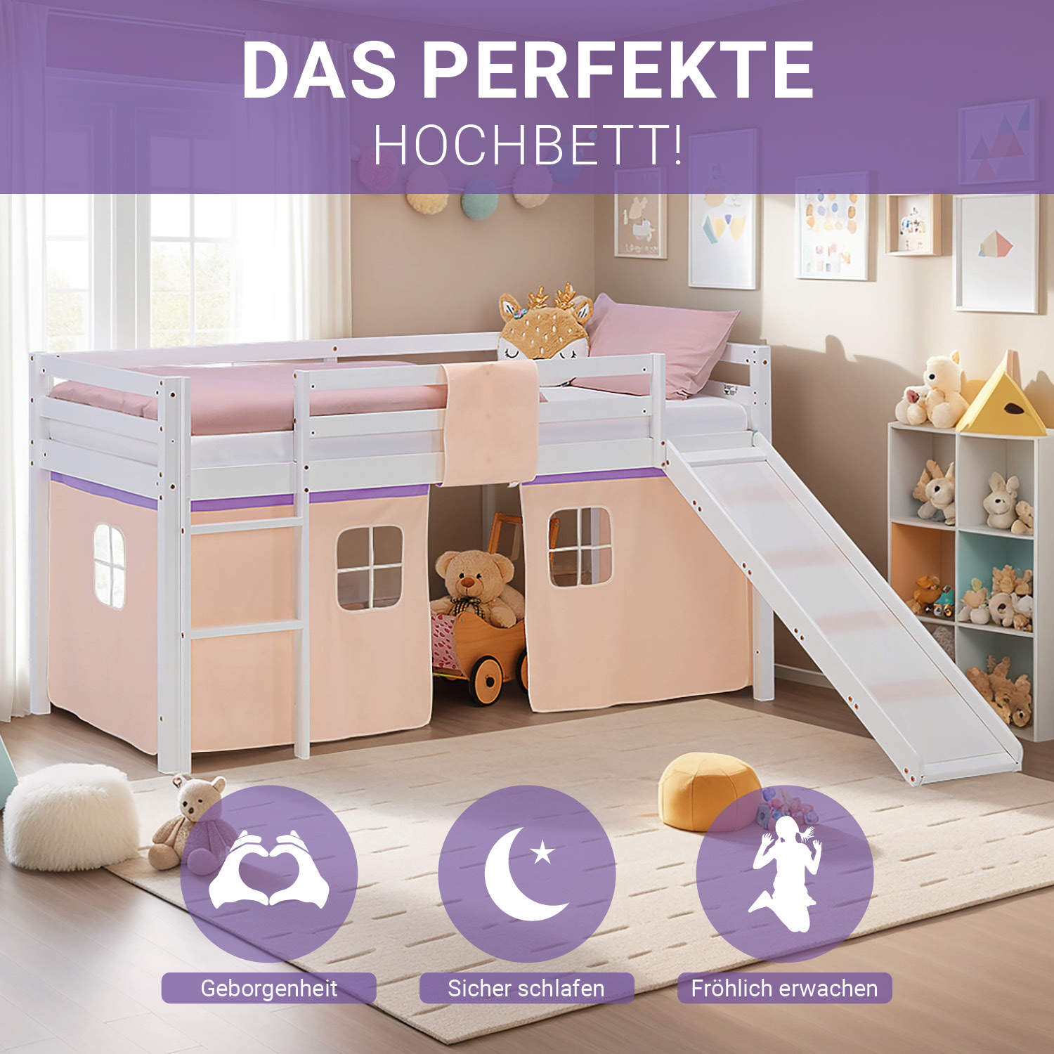 Loft Bed for Kids 90x200 cm White with Curtain in Lilac Beige | Slide | with Slatted Frame and Mattress