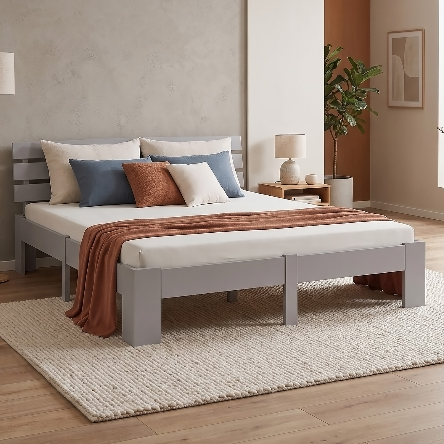 Wood Bed 180x200 cm Grey | Double Bed | with Spring Mattress | Solid | Youth Guest Bedroom