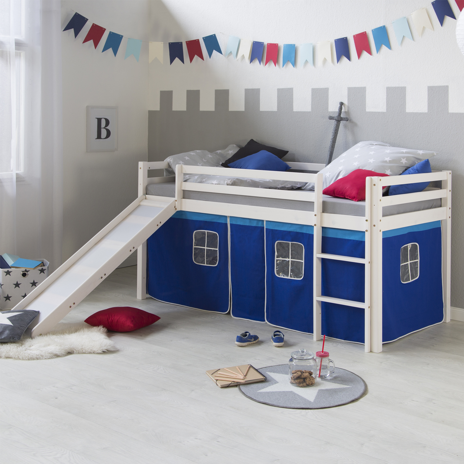 Loft Bed Kids 90x200 cm White with Curtain in Blue | Slide | with Slatted Frame
