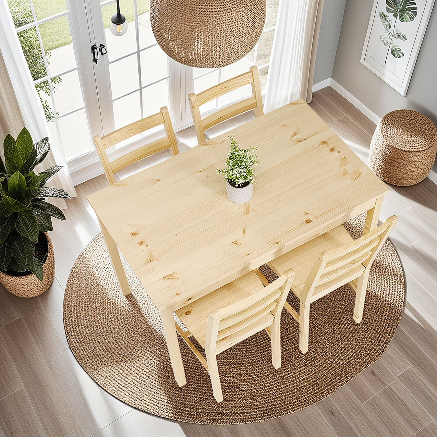 Dining set | 4-piece set chairs natural wood | country style | wooden dining table 108 x 65 cm Esstisch mit 4 Stühlen Set Essgruppe Weiß Natur Esszimmertisch 108x65 cm Küchenstühle Holz Massiv Landhausstil