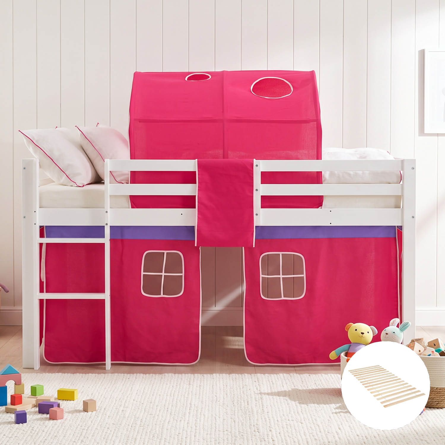 Loft Bed Kids 90x200 cm White with Curtain in Pink | Tunnel | with Slatted Frame