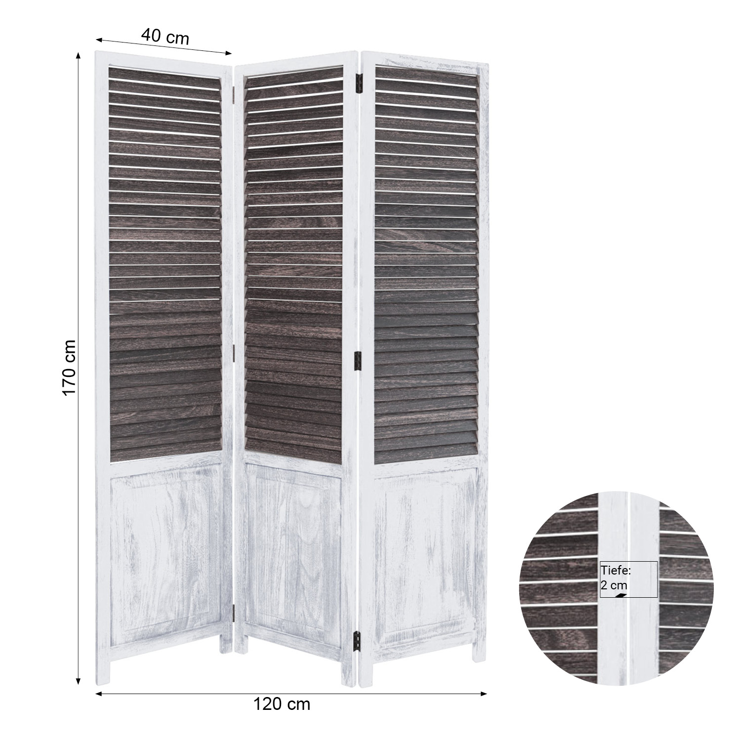 Paravent Shabby White Brown Wooden Slats | 3-panel | Wood | Room Divider Partition Privacy Screen