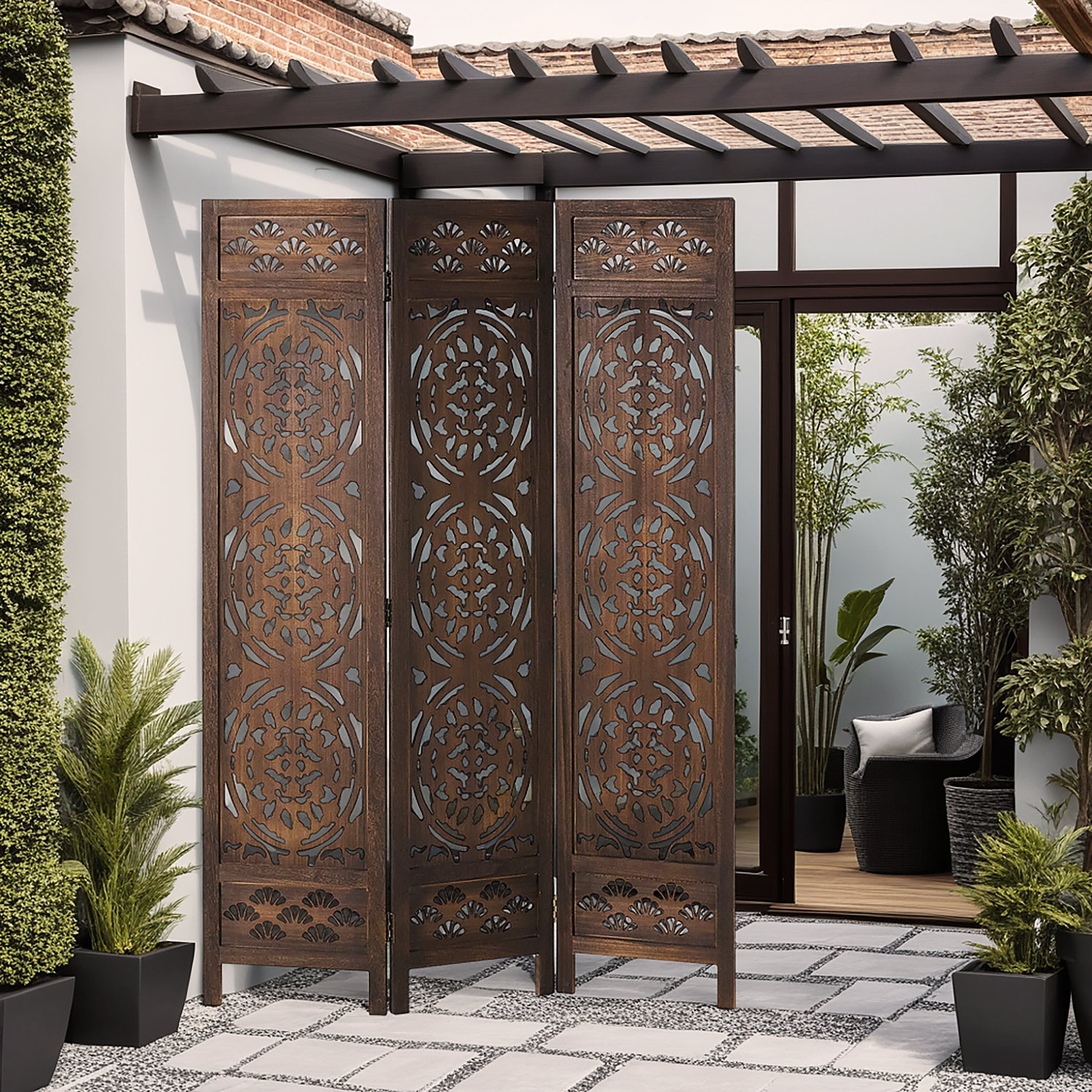 Paravent Brown Design | 3-panel | Wood | Decorative Room Divider | Partition Privacy Screen