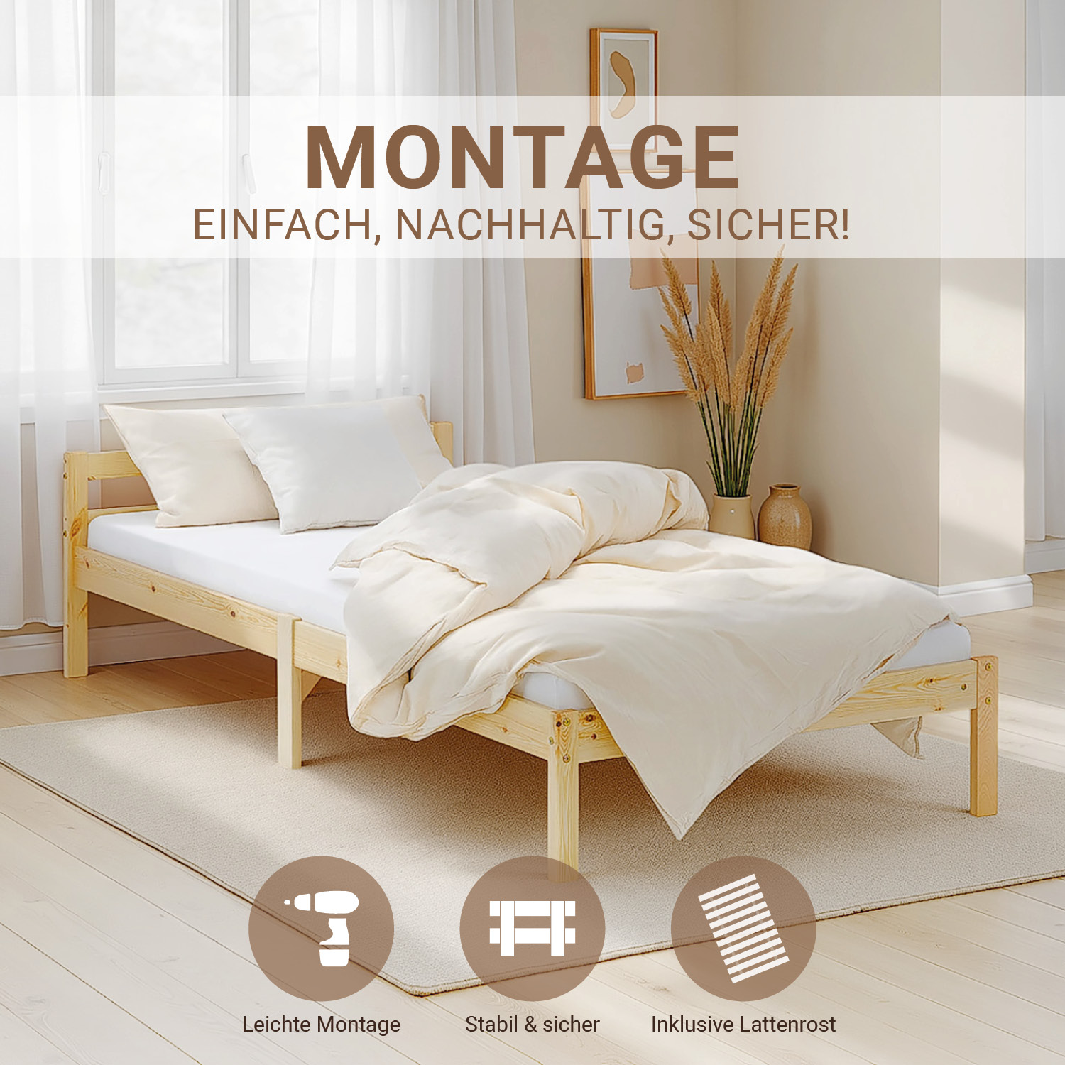 Wooden Bed 90x200 cm Natural – Solid Wood Single Bed with Slatted Base for Teenagers' Rooms, Guest Rooms, and Bedrooms