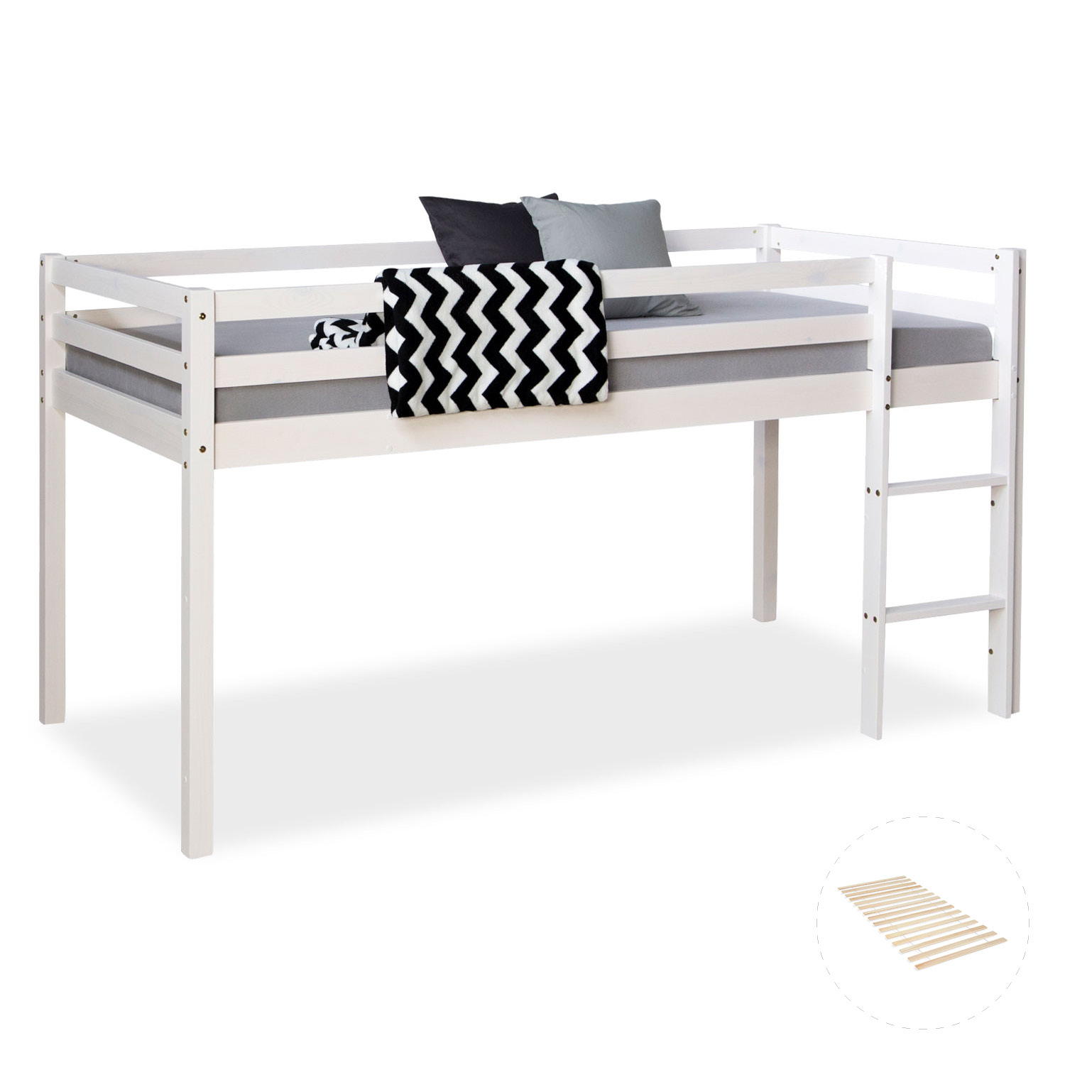 Loft Bed Kids 90x200 cm White Basic | with Slatted Frame