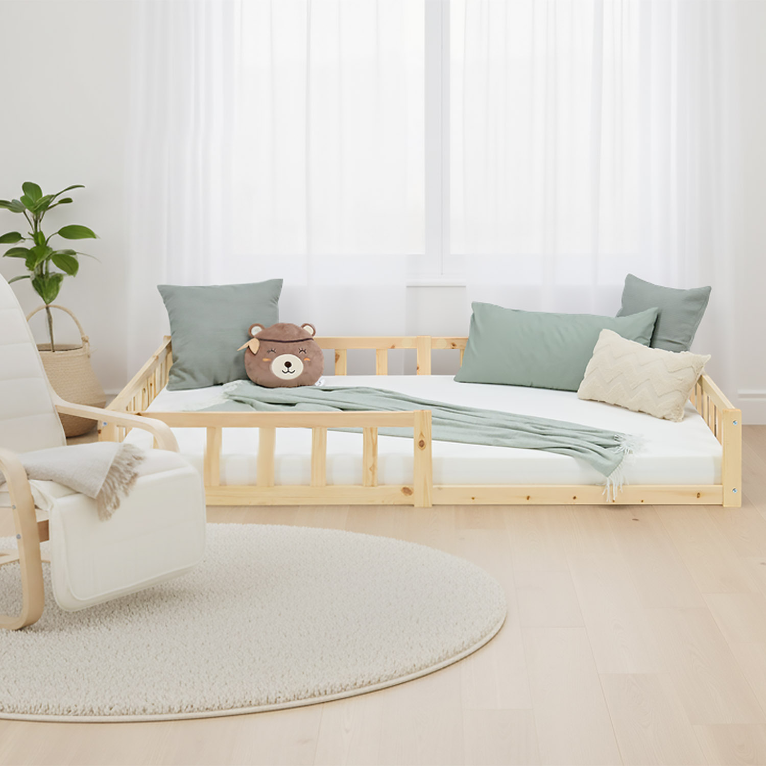 Children's Bed 120x200 Natural | Floor Bed with Slatted Frame | with Fall Protection | Montessori