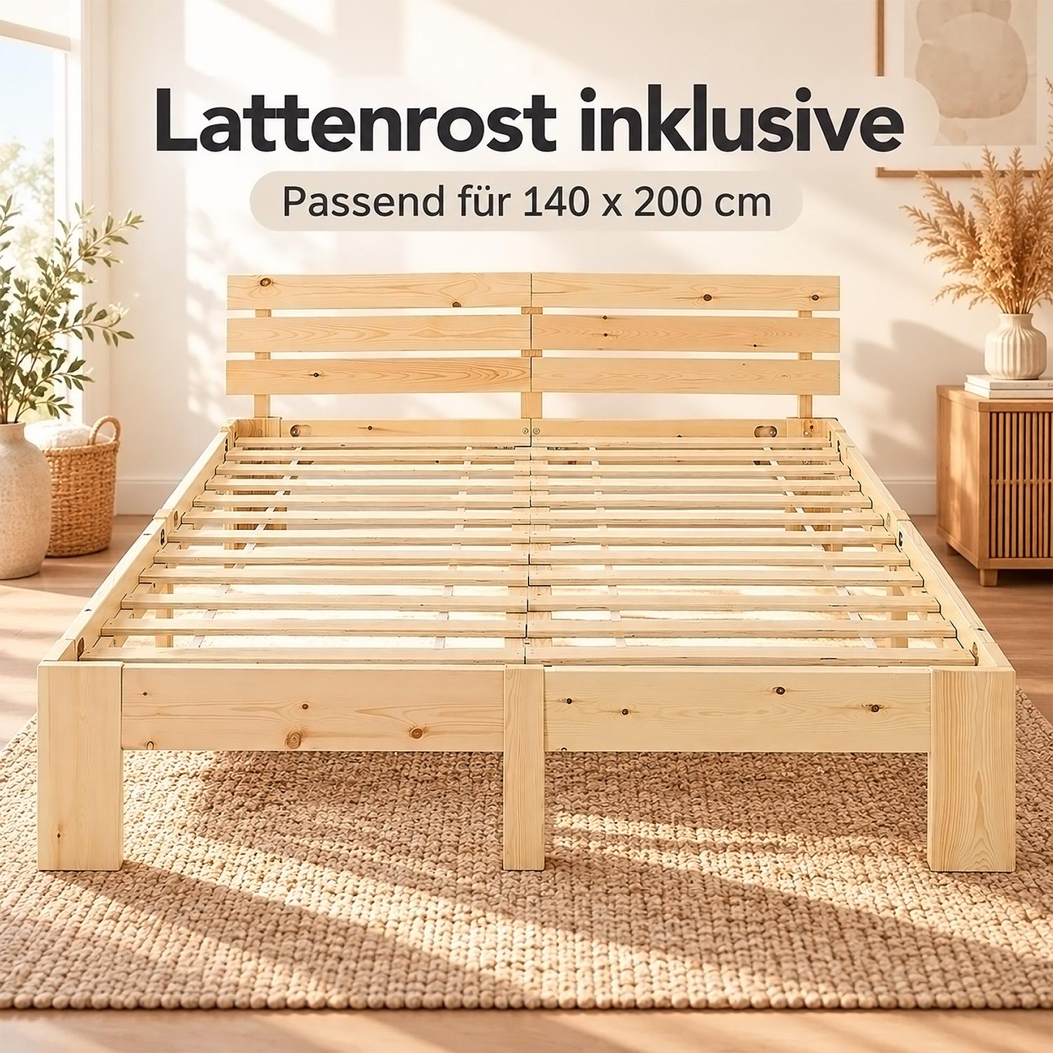 Wooden Bed 140x200 cm Natural – Solid Pine Double Bed with Slatted Base for Bedrooms, Teenagers' Rooms, and Guest Rooms