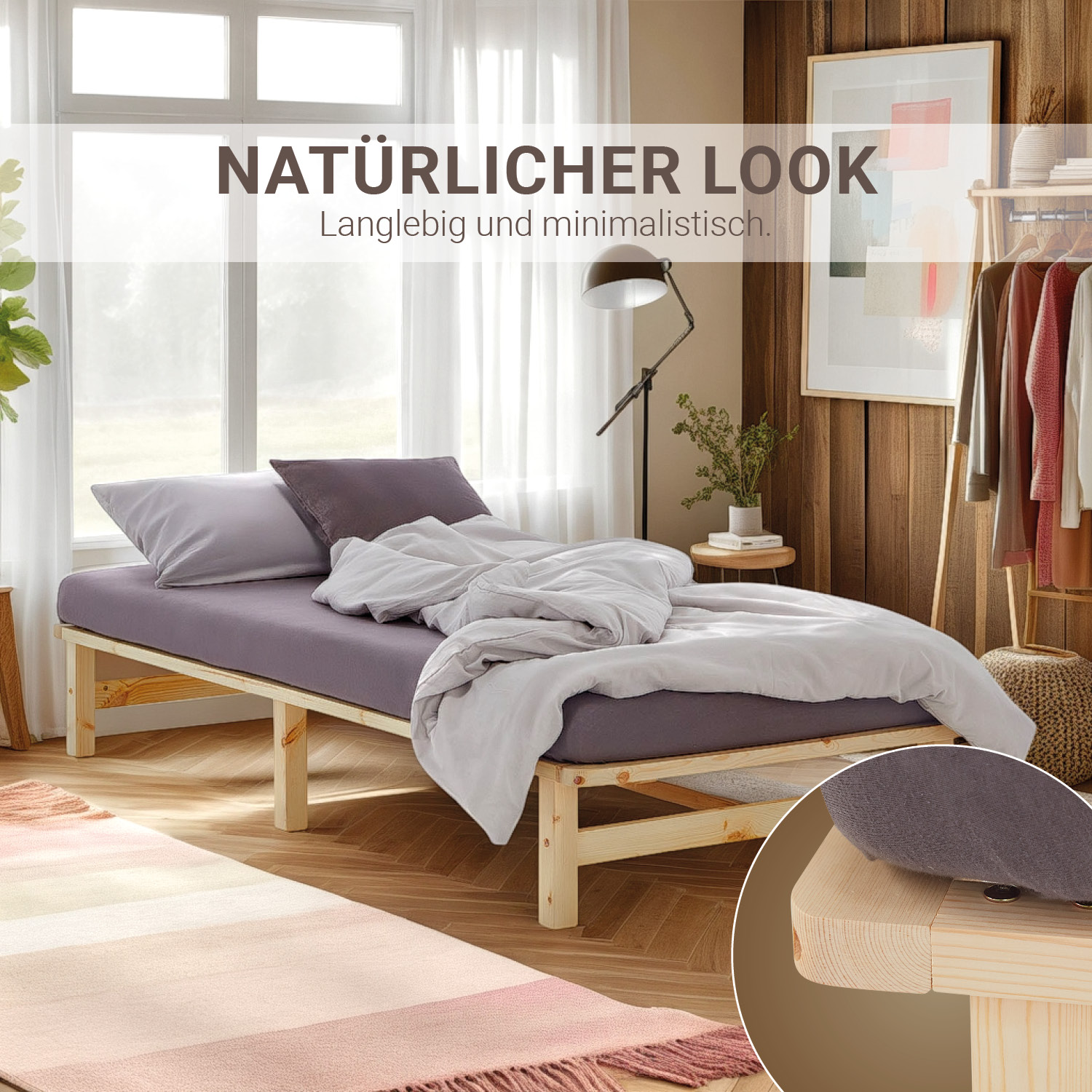 Pallet Bed 90x200 cm Natural | Single Bed with Slatted Frame | with Mattress | Wood | Kids Youth Guest Bedroom
