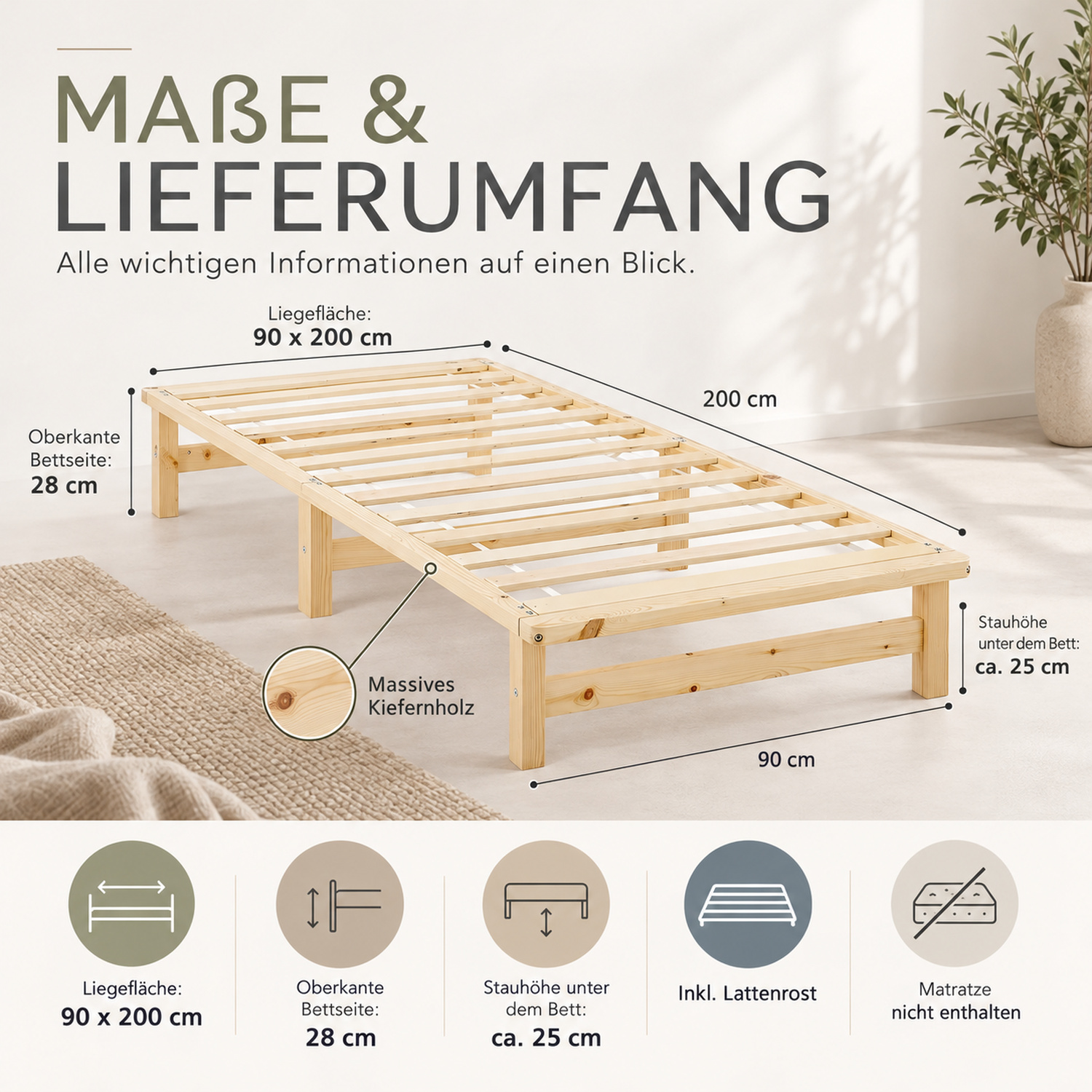 90x200 cm Natural Wooden Pallet Bed – Single Wooden Bed with Mattress & Slatted Base for Teen Rooms, Guest Rooms, and Bedrooms