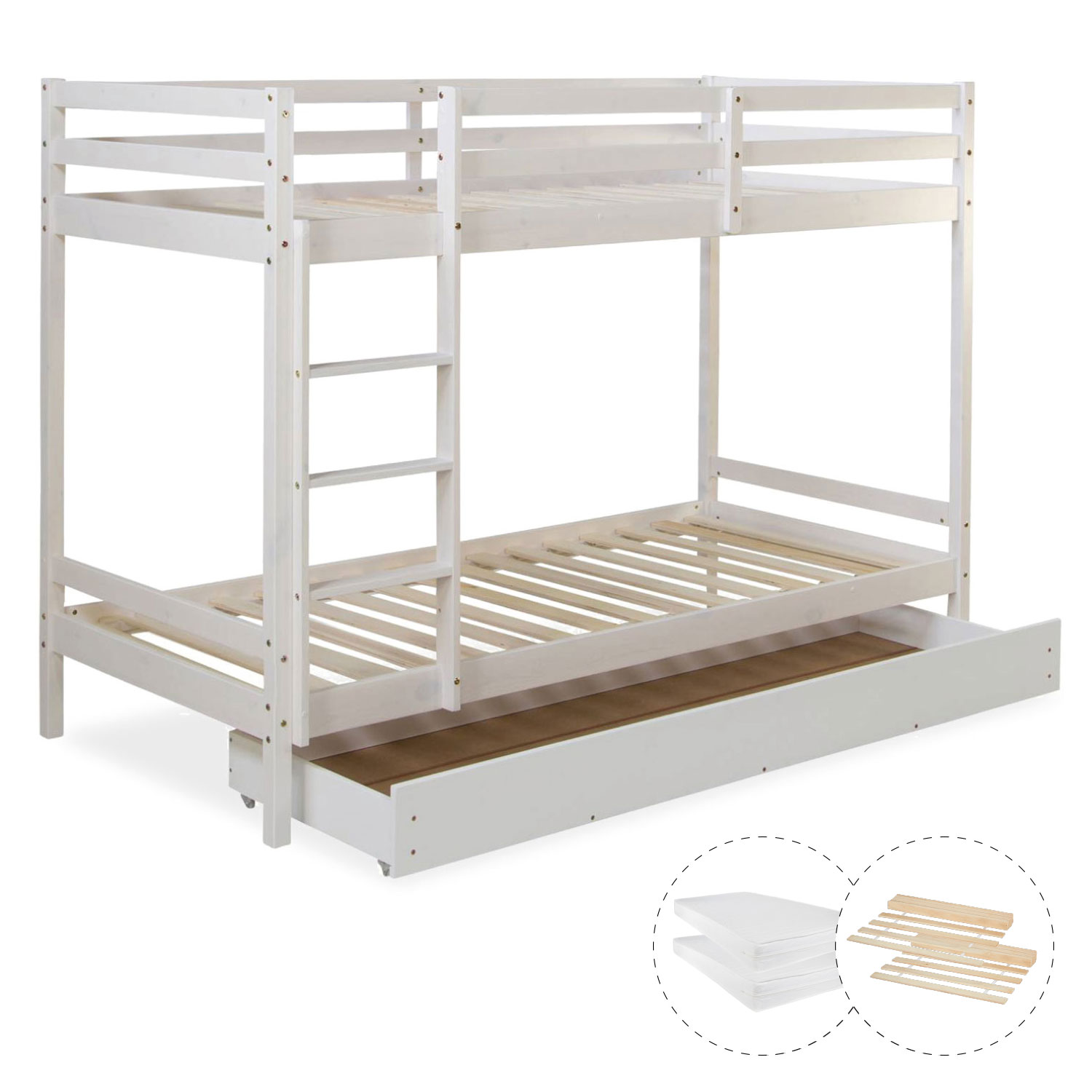Bunk bed with drawer and 2 matresses Children bed 90x200 cm wooden Kids bed High sleeper White Slats