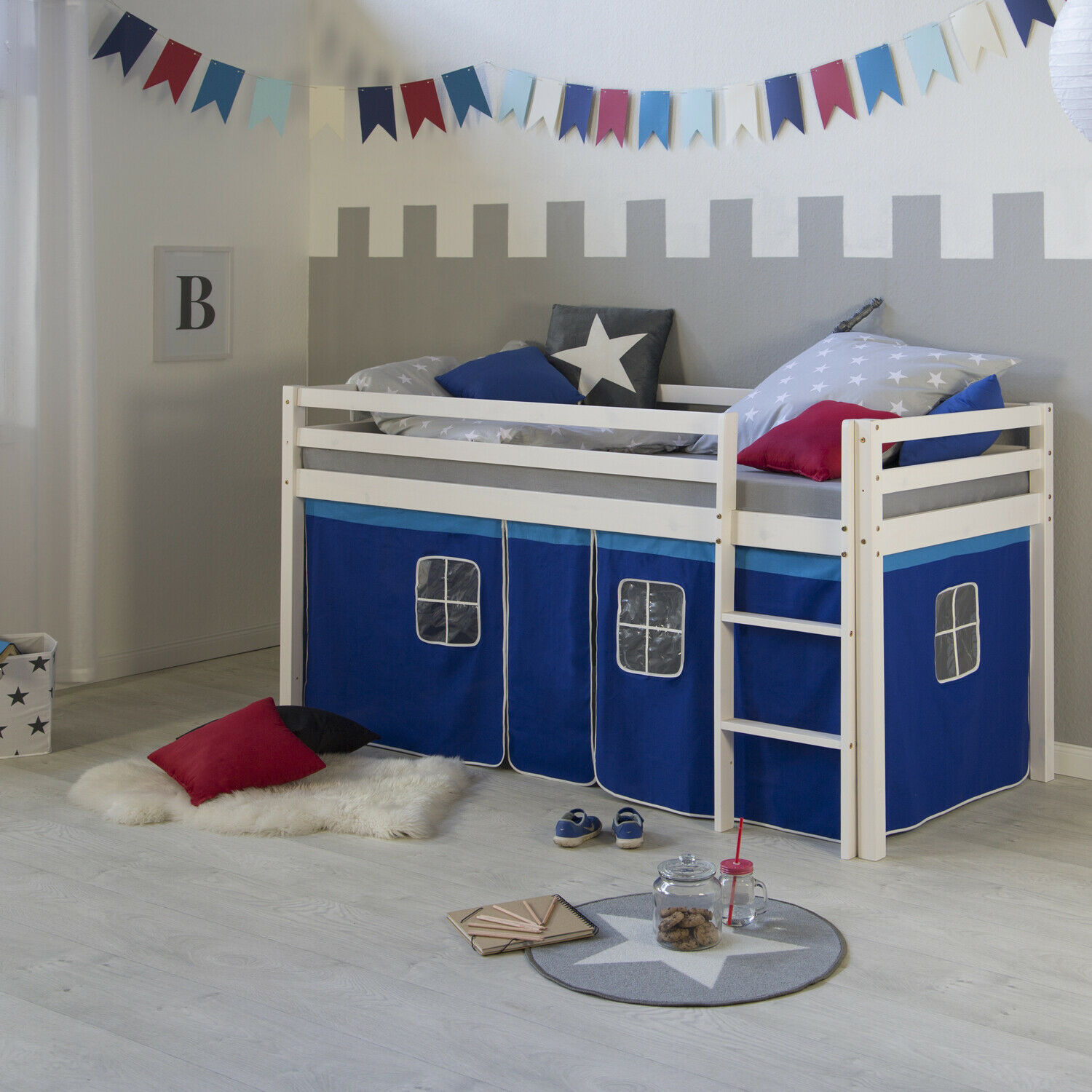 Loft Bed Kids 90x200 cm White with Curtain Blue | without Slatted Frame Loft Bed Kids 90x200 cm White with Curtain Blue | without Slatted Frame