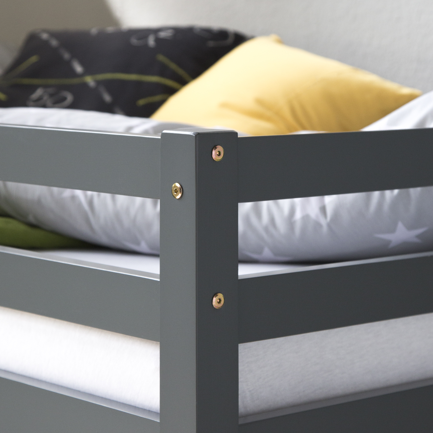 Loftbed with Slide 90x200 cm Mattress Tower Grey Bunk bed Childrens bed Solid Pine Wood Curtain Tunnel Stars Slats