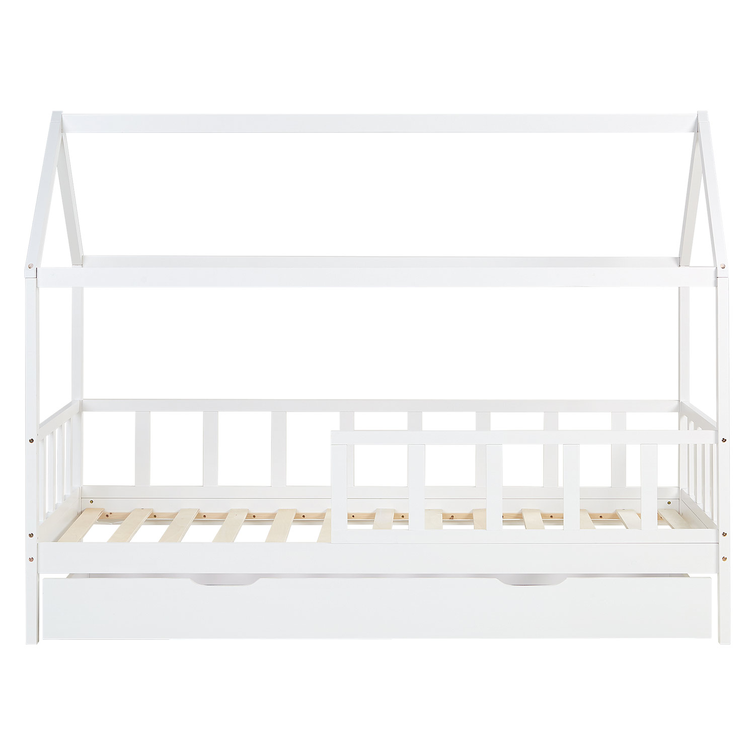 Children's Bed 90x200 cm White | House Bed with Fall Protection and Bed Drawer | Montessori | Single Bed | with Slatted Frame | Wood