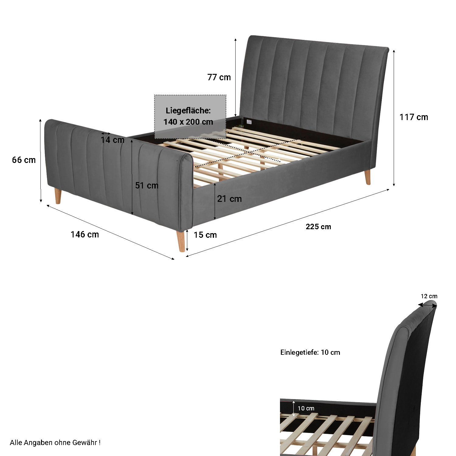 Upholstered Bed Fabric Double Bed 140x200 cm with Slatted Frame Old Grey