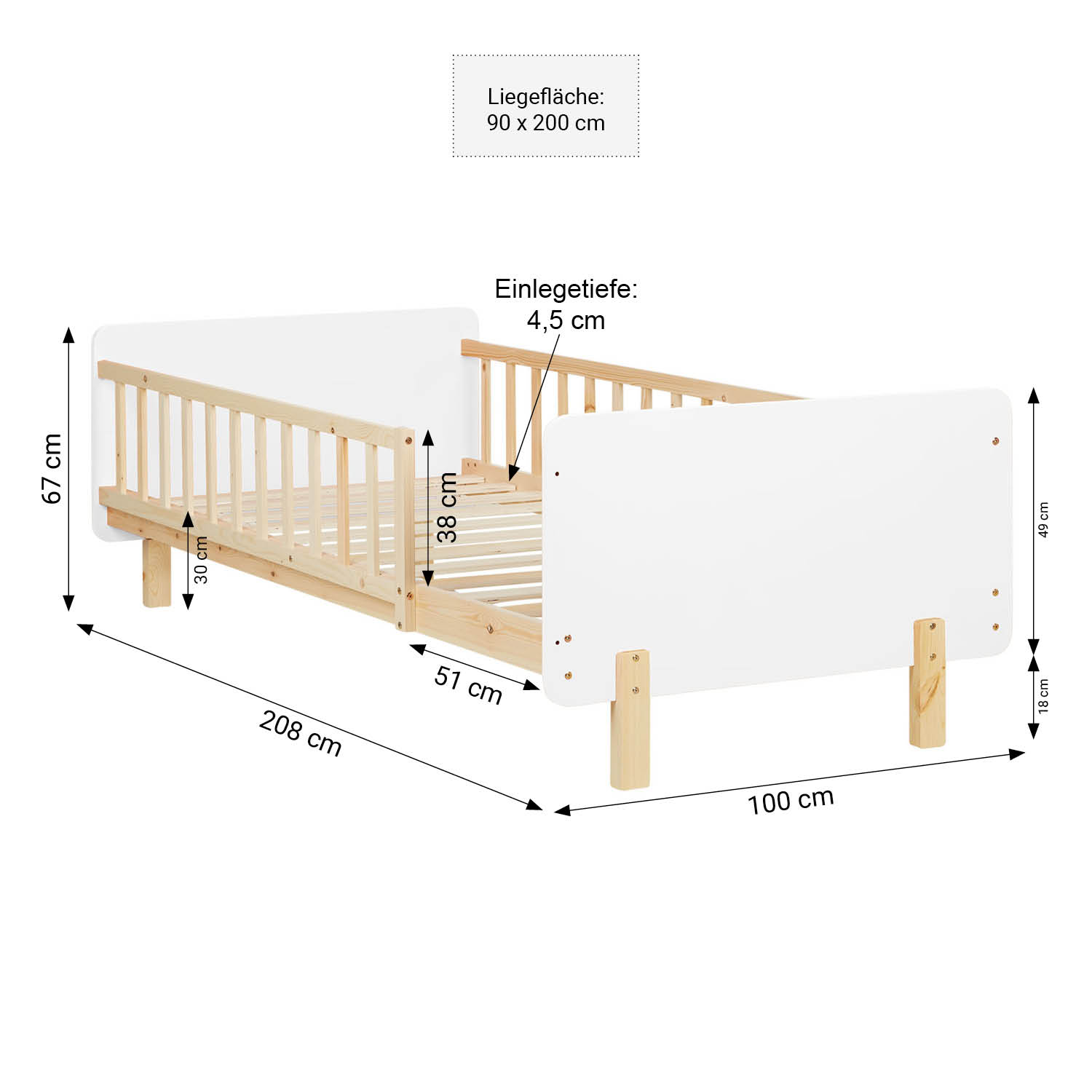 Children's Bed 90x200 cm White Natural | Retro Bed with Fall Protection | Single Bed | with Slatted Frame | Wood