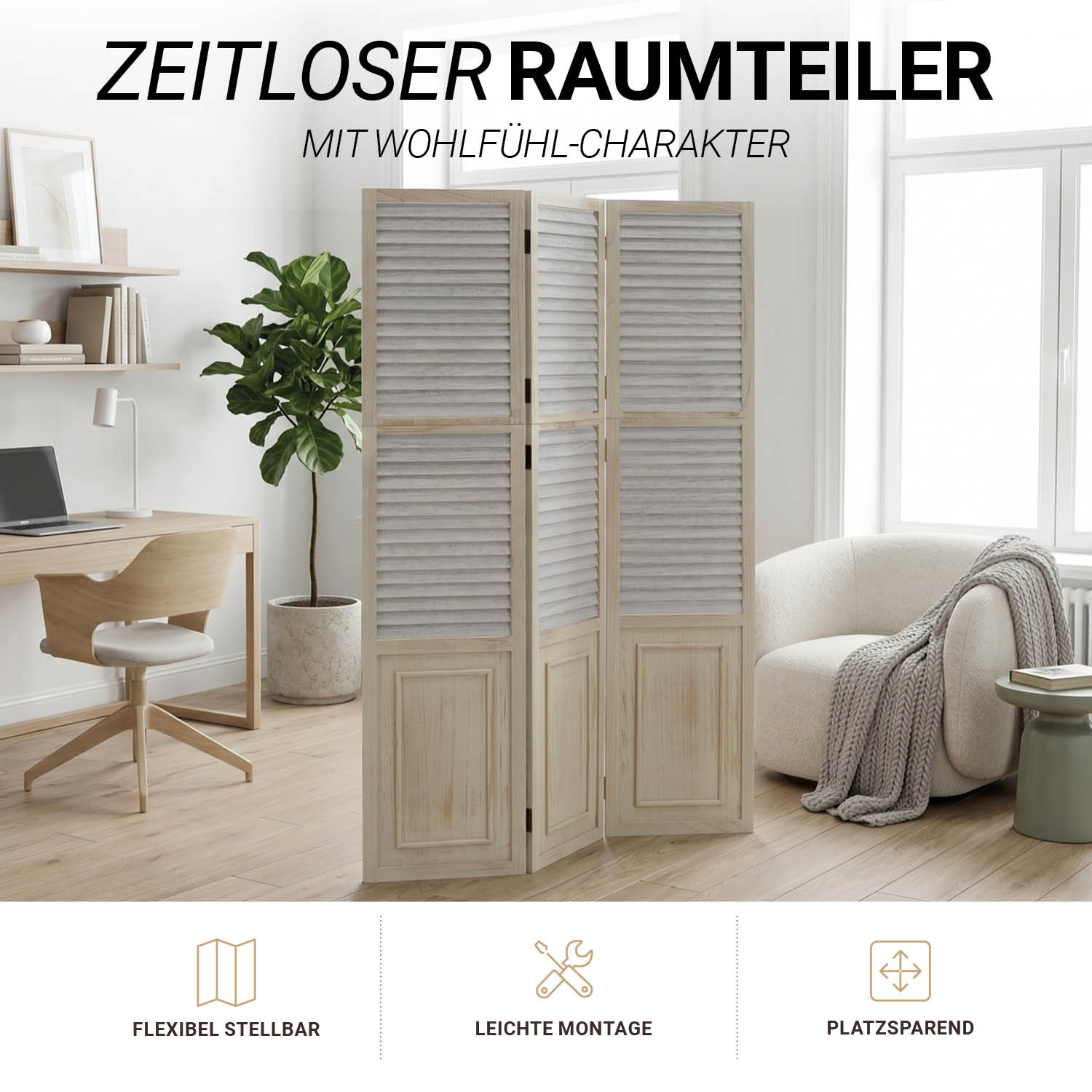 Paravent Grey Wooden Slats | 3-panel | Wood | Room Divider Partition Privacy Screen