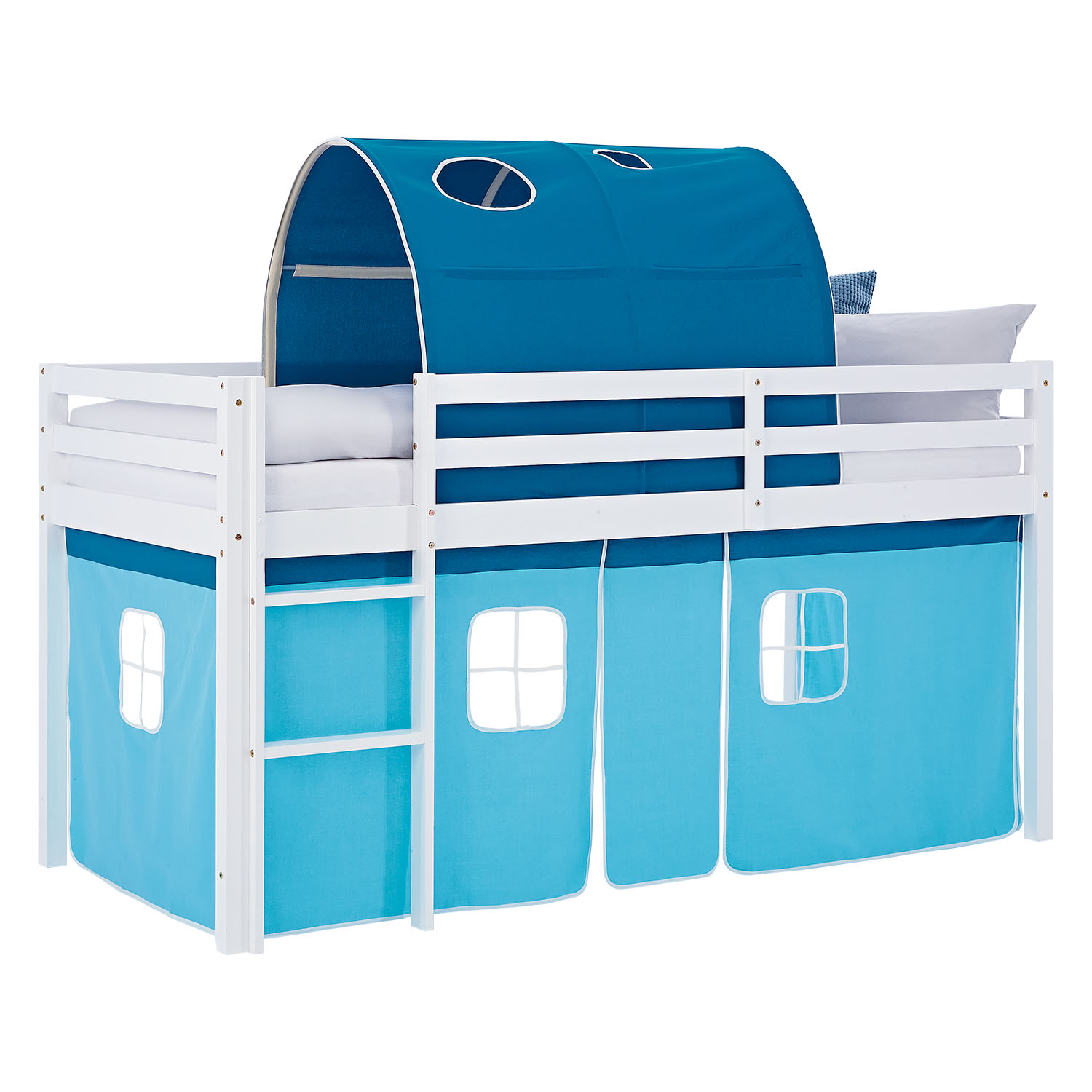 Children's Loft Bed 90x200 cm White with Blue Curtain | Tunnel | Includes Slatted Base and Mattress