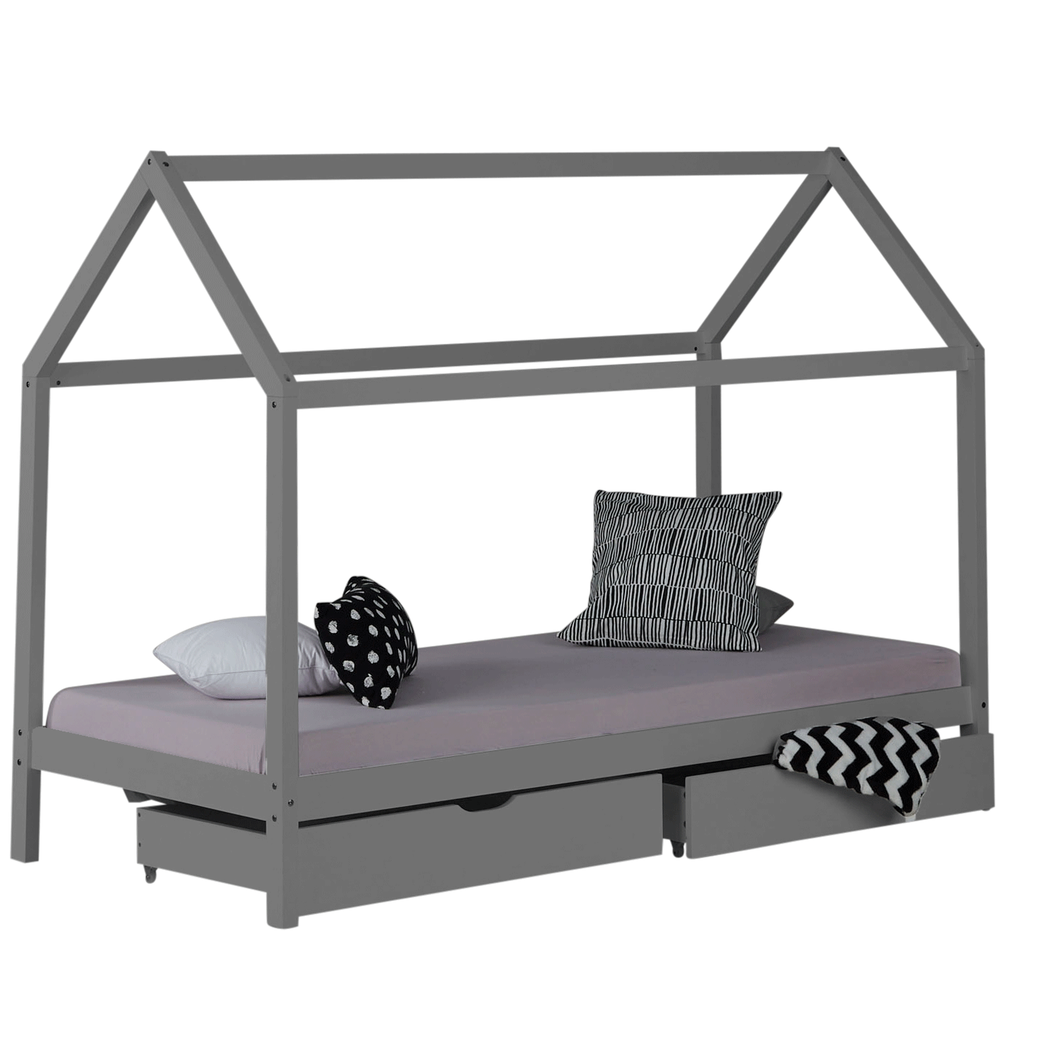 Childrens Bed House Bed Frame For Kids 90x200 cm Grey With Drawers