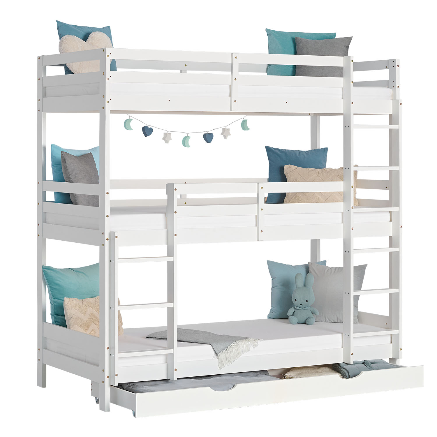 Triple Bunk Bed 90x200 with Mattresses Children´s Bed High Sleeper Cot White Wood Loft Bed Kids Bed