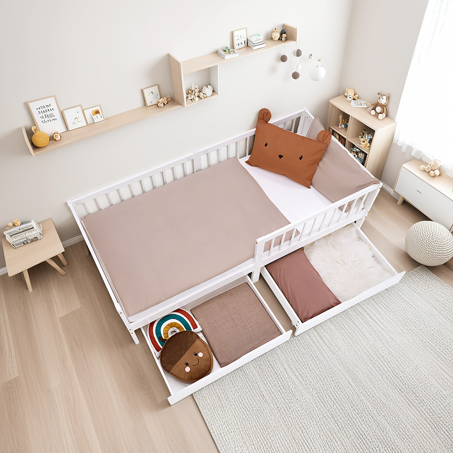 Children's Bed 90x200 cm White Natural | Wooden bed with 2 drawers | Single Bed | with Slatted Frame | Fall Protection