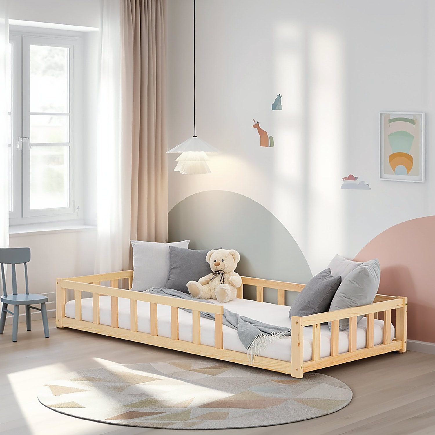 Children's Bed 90x200 Natural | Floor Bed with Mattress & Slatted Frame | with Fall Protection | Montessori