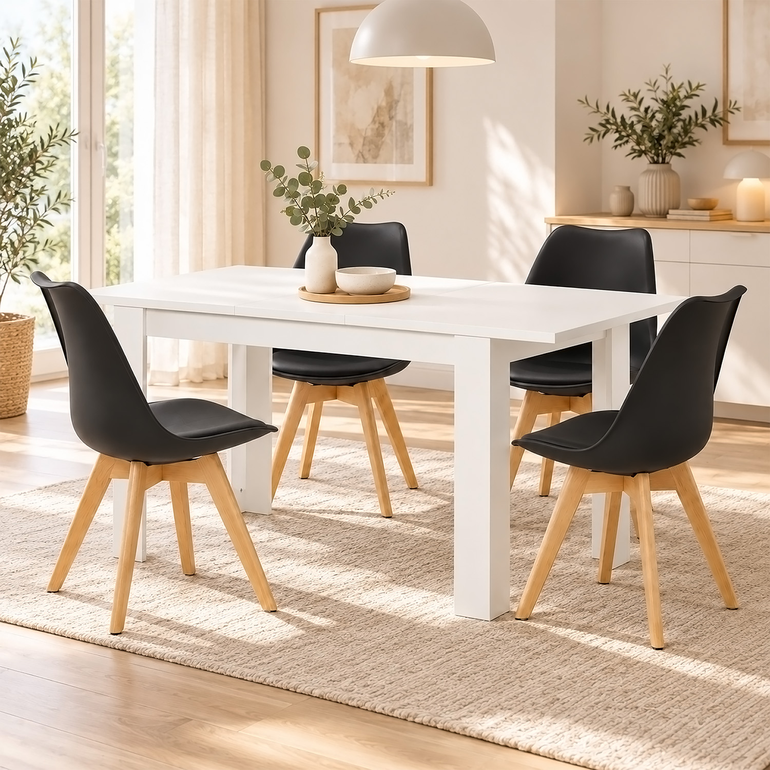 Dining Set (5-Piece): 120x80 cm white extendable dining table with 4 black plastic chairs and wooden legs