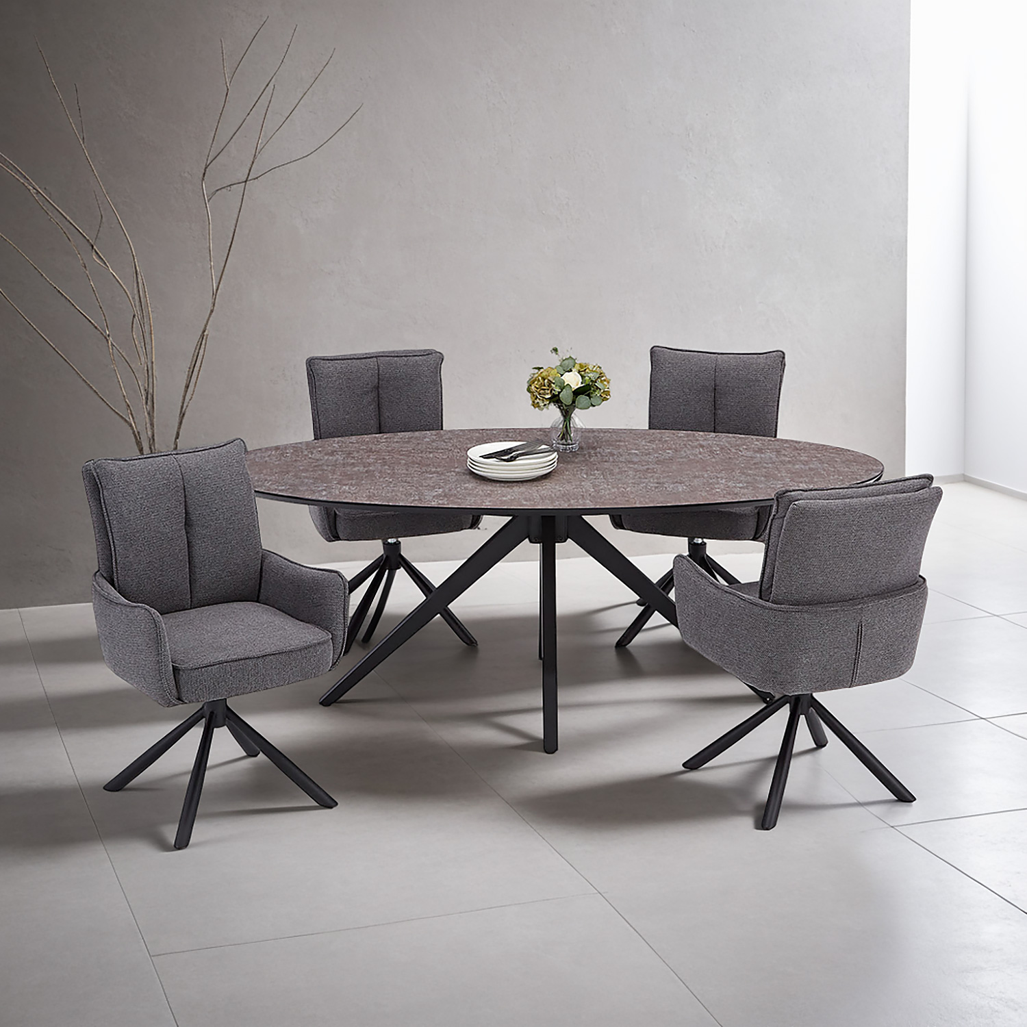 Dining set | 4-piece set upholstered chairs anthracite with armrest | swivel | dining table brown metal frame oval 200 cm