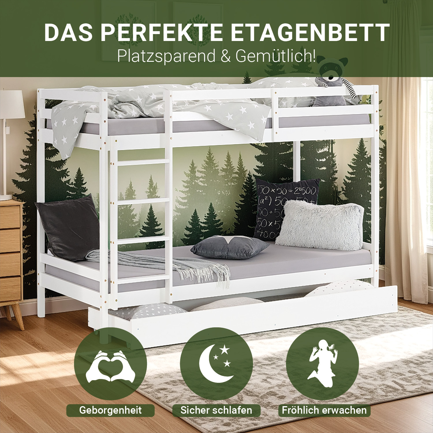 Bunk bed with drawer and 2 matresses Children bed 90x200 cm wooden Kids bed High sleeper White Slats