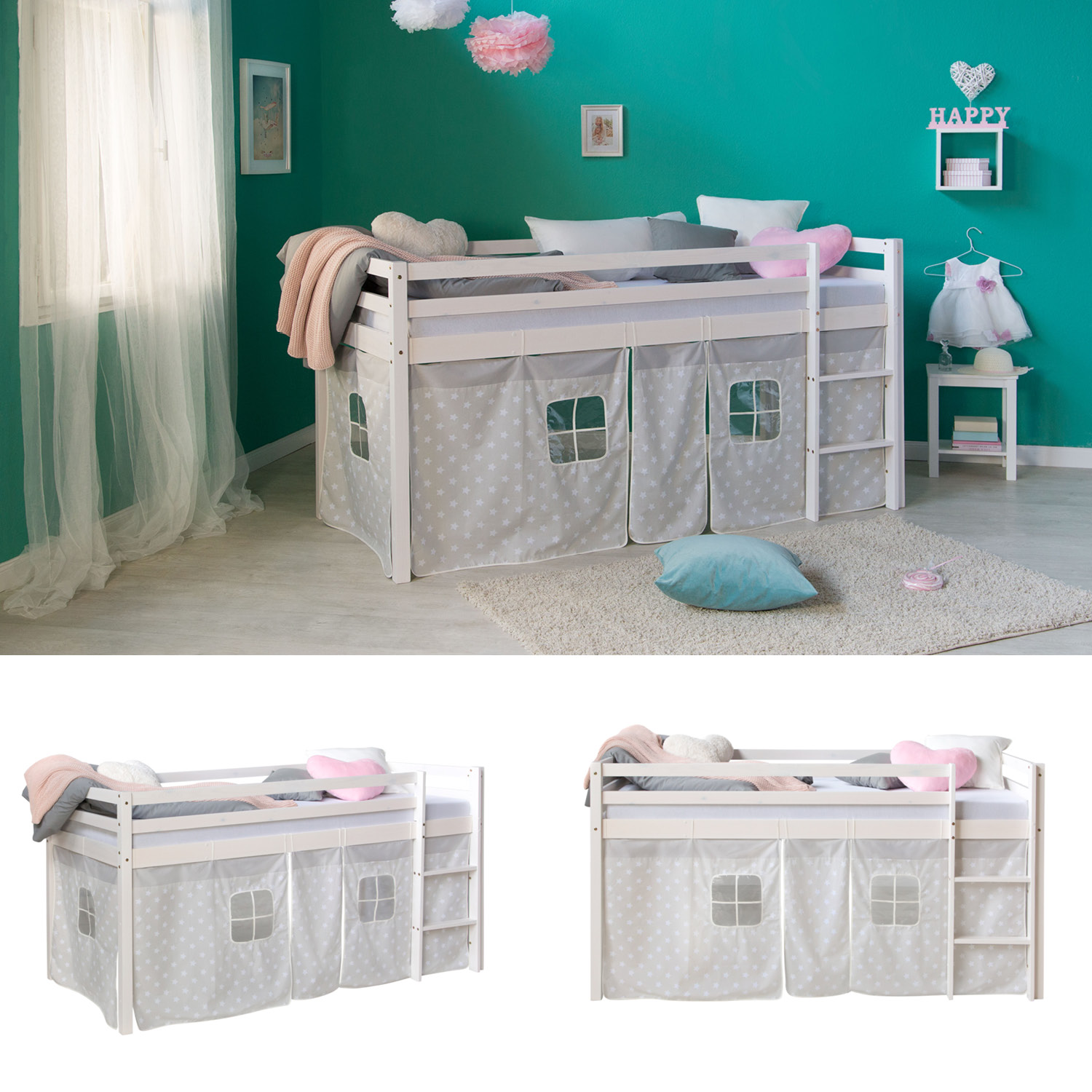 Loft Bed Kids 90x200 cm White with Curtain Stars | without Slatted Frame