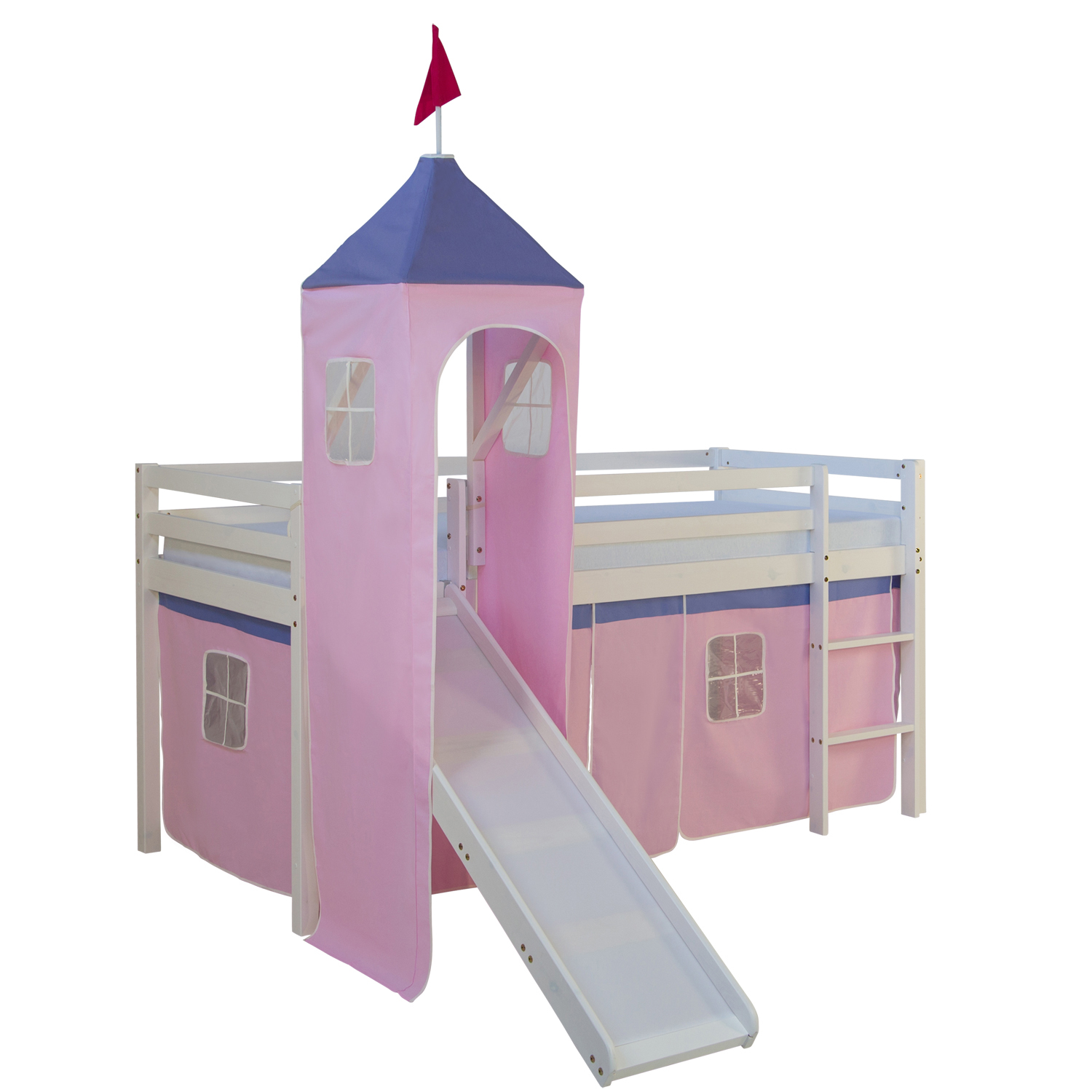 Loft Bed Kids 90x200 cm White with Curtain in Pink | Tower | Slide | with Slatted Frame