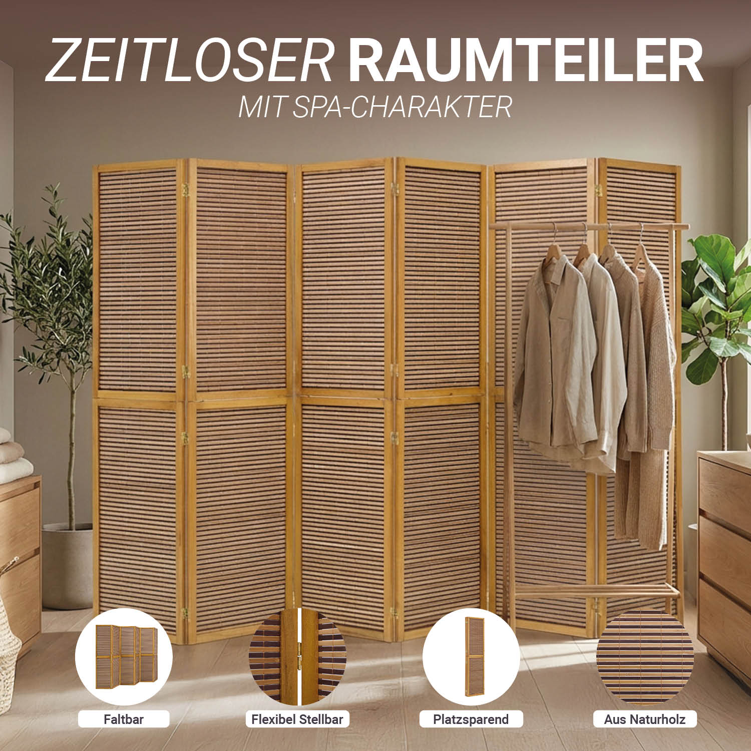 Brown Wooden Screen with Wooden Stands (6-panel) – Large Wooden Room Divider & Privacy Screen