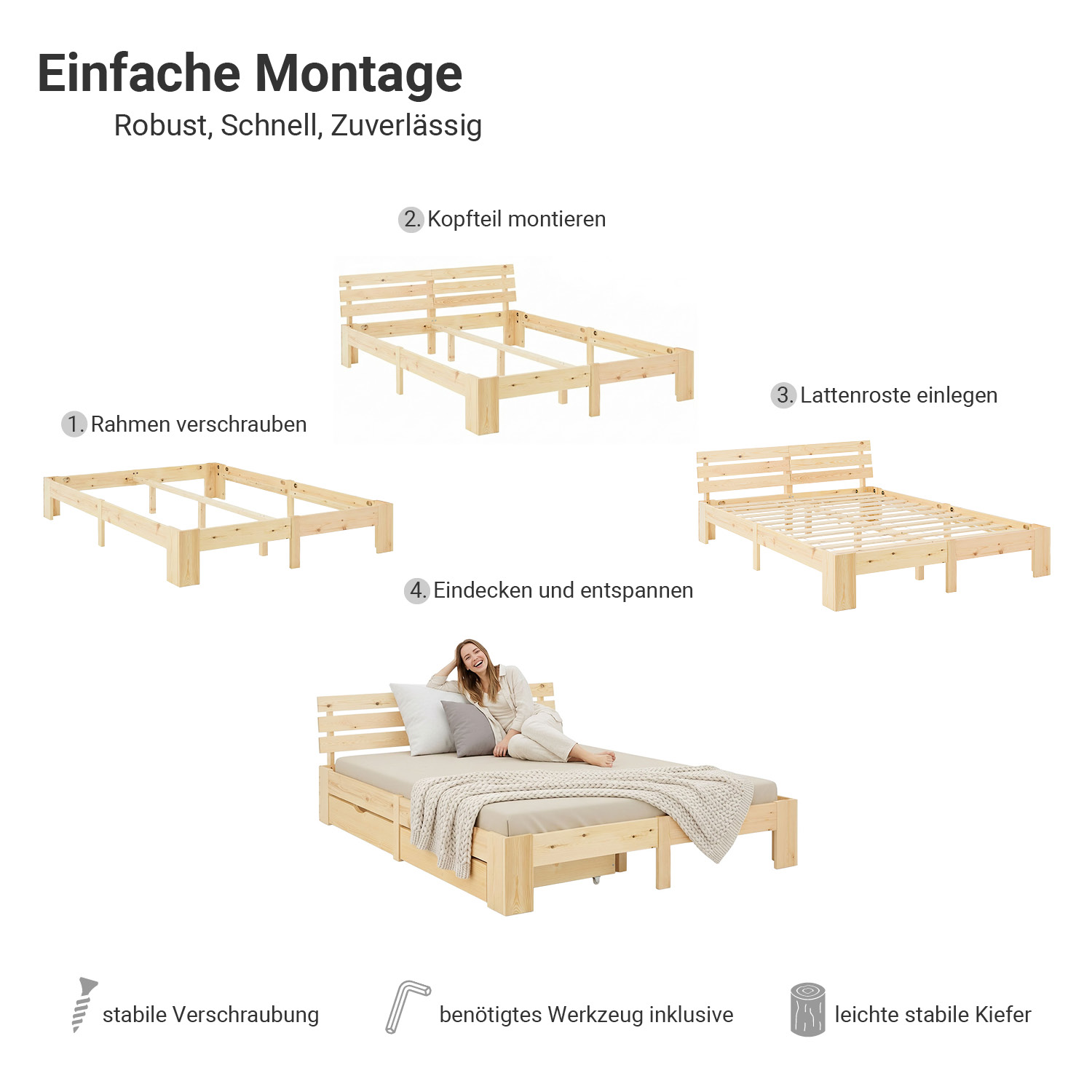 Wood Bed 140x200 cm Natural | Double Bed | with Spring Mattress | 2 Drawers | Youth Guest Bedroom