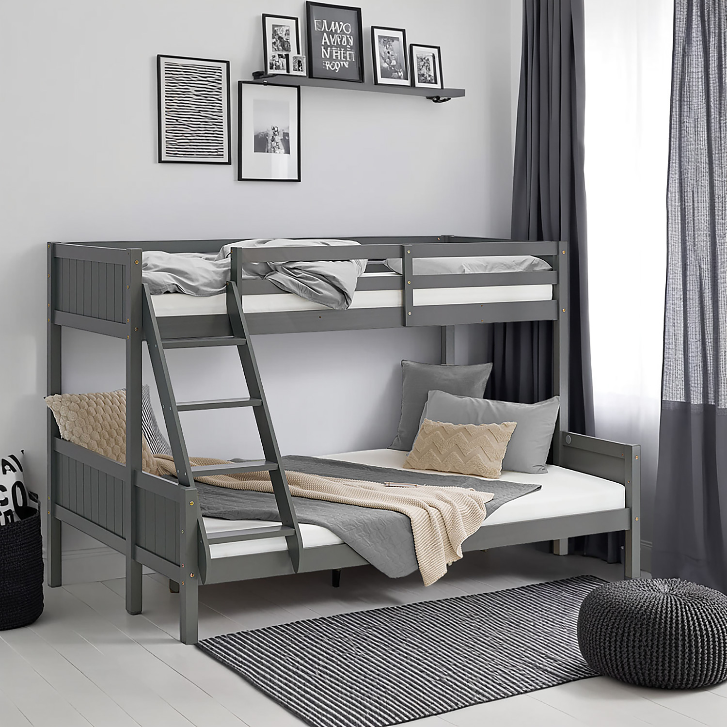 Bunk Bed with 2 Mattresses 90x200 and 140x200 cm Kids Bed Grey Wood Cabin Bed High Sleeper Bed Loft Bed Childrens Bed Twin Bed