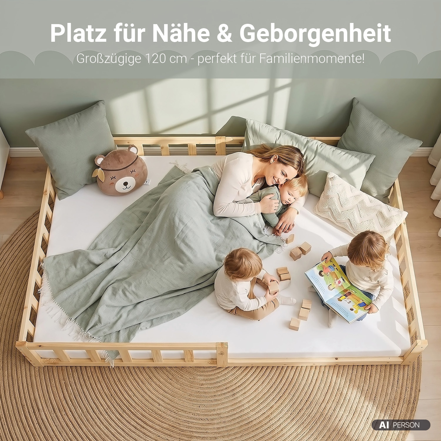 Montessori Crib 120x200 cm Natural with Safety Rail & Slatted Base – Solid Wood Crib