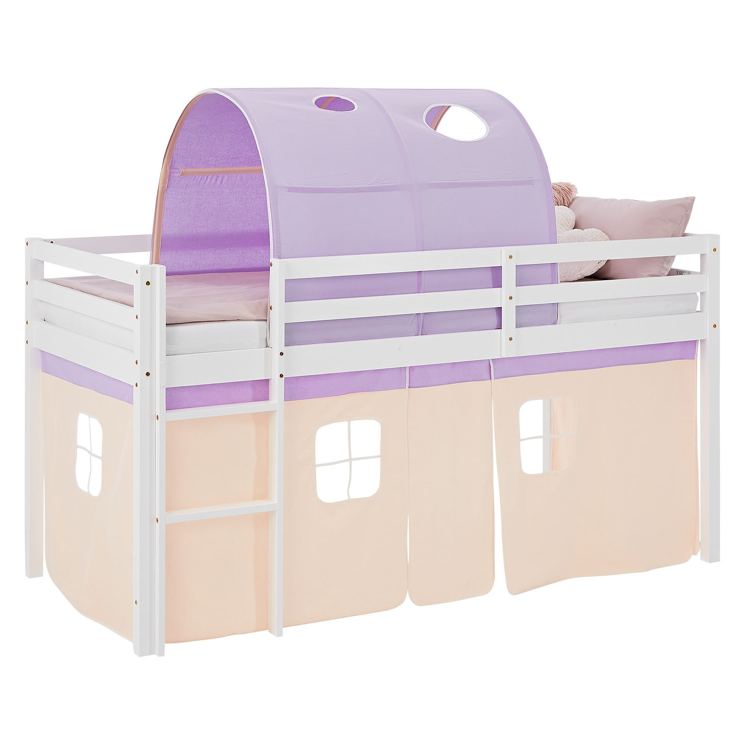 Children's Loft Bed 90x200 cm, White with Purple-Beige Curtain | Tunnel | Without Slatted Base