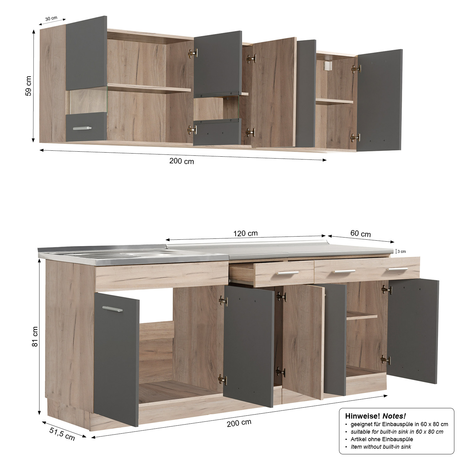 Kitchen Unit without Appliances 200 cm Gray | Oak | Single Kitchen | Mini Kitchen | Kitchen Element