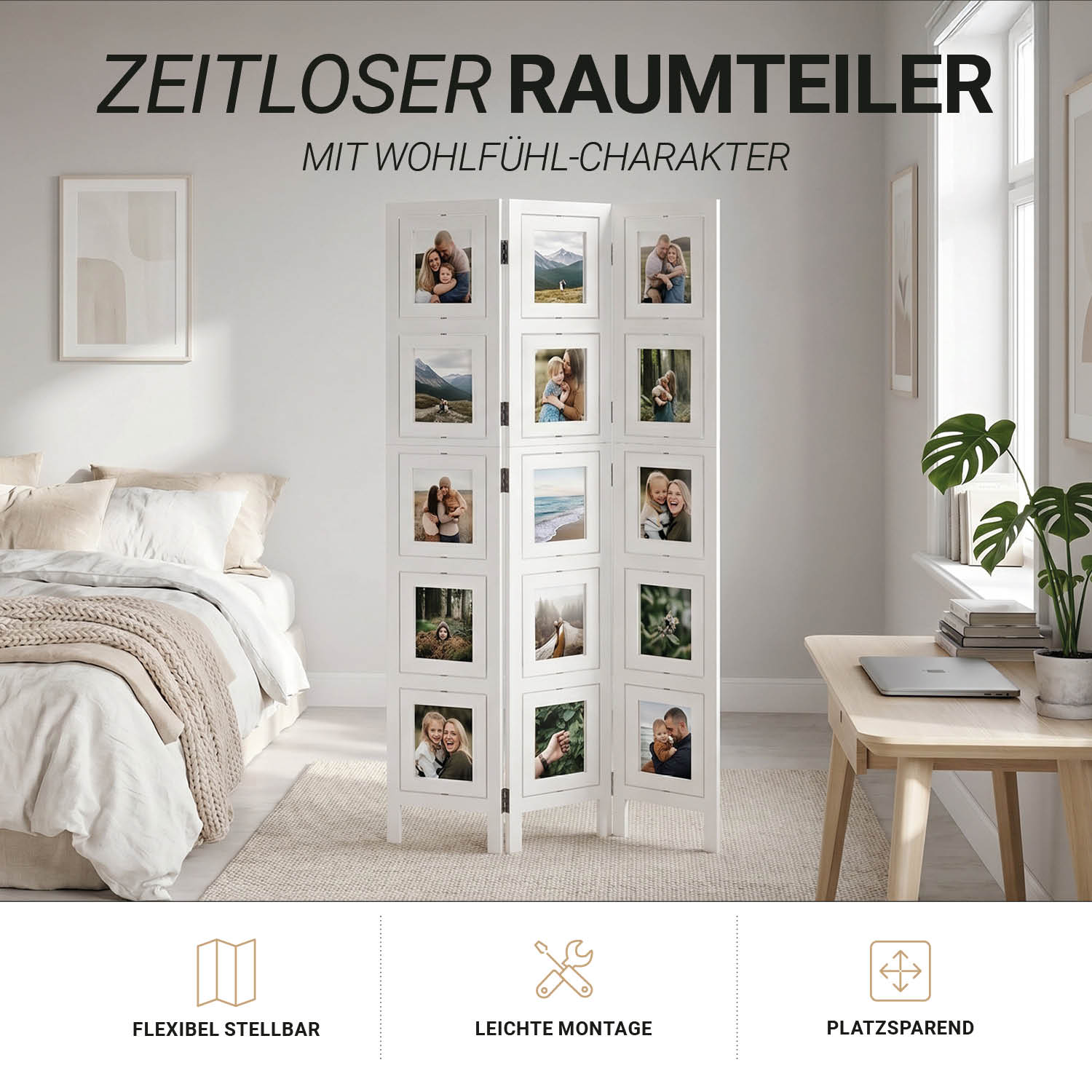 White 3-panel folding screen with photo prints – Modern room divider & decorative privacy screen